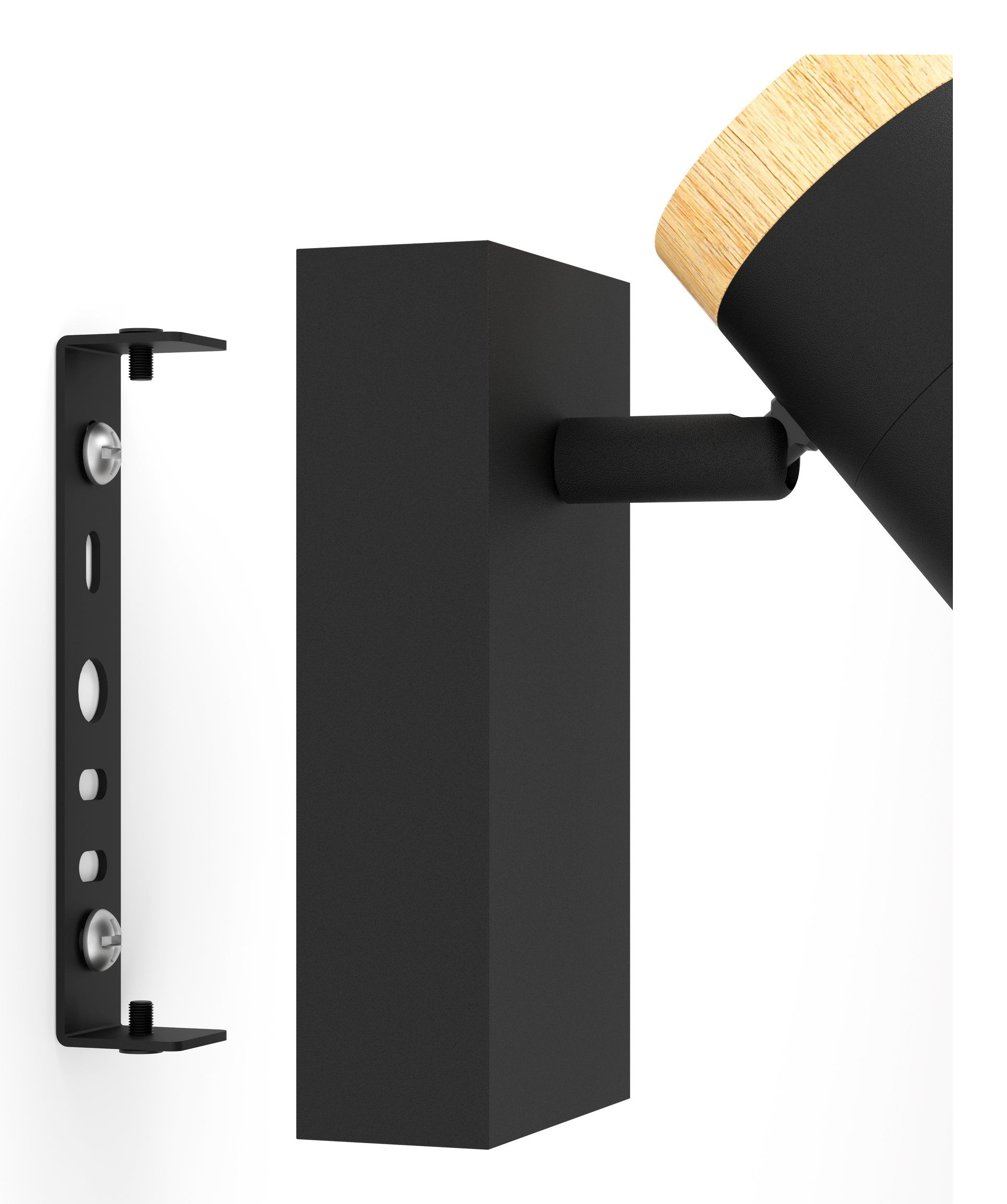 Schwarze Metallhalterung und Lampenhalter, mit Holzlampenkopf. Weißer Hintergrund.