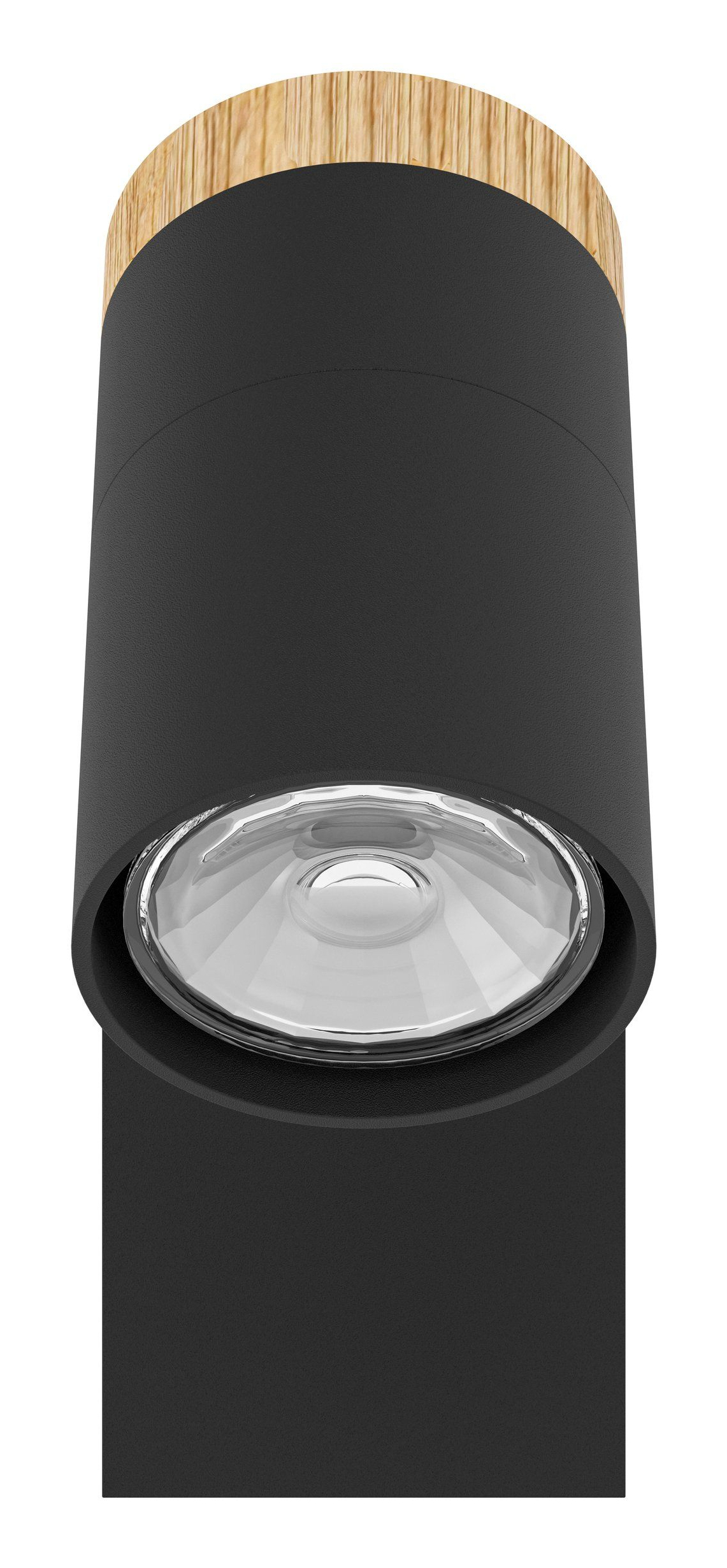 Eine moderne schwarze zylindrische Lampe mit Holzaufsatz und klarer Glaslinse, isoliert auf weißem Hintergrund.