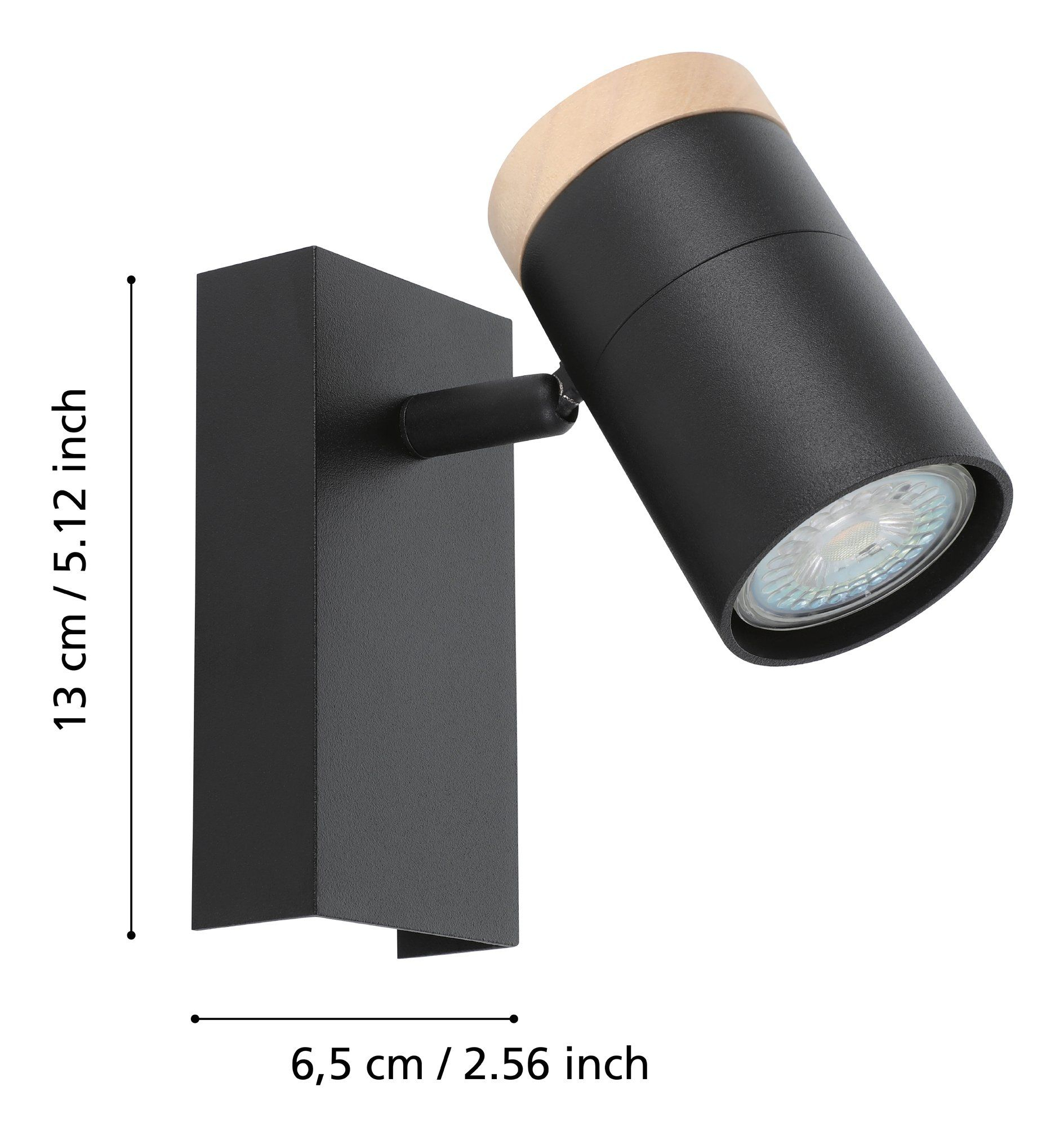 Moderne Wandlampe in Schwarz und Holzfarben, mit Maßangaben in cm und Zoll, auf weißem Hintergrund.