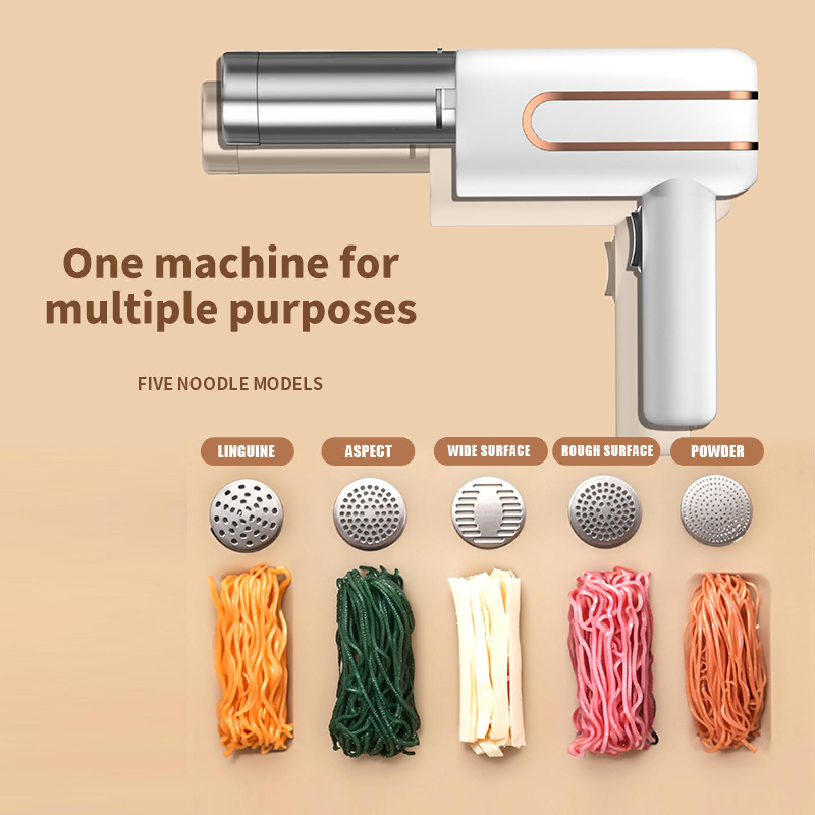 Das Bild zeigt eine weiße und silberne Pastamaschine. Darunter sind fünf Pastaformen: Linguine, Aspekt, breite Oberfläche, raue Oberfläche, Pulver.