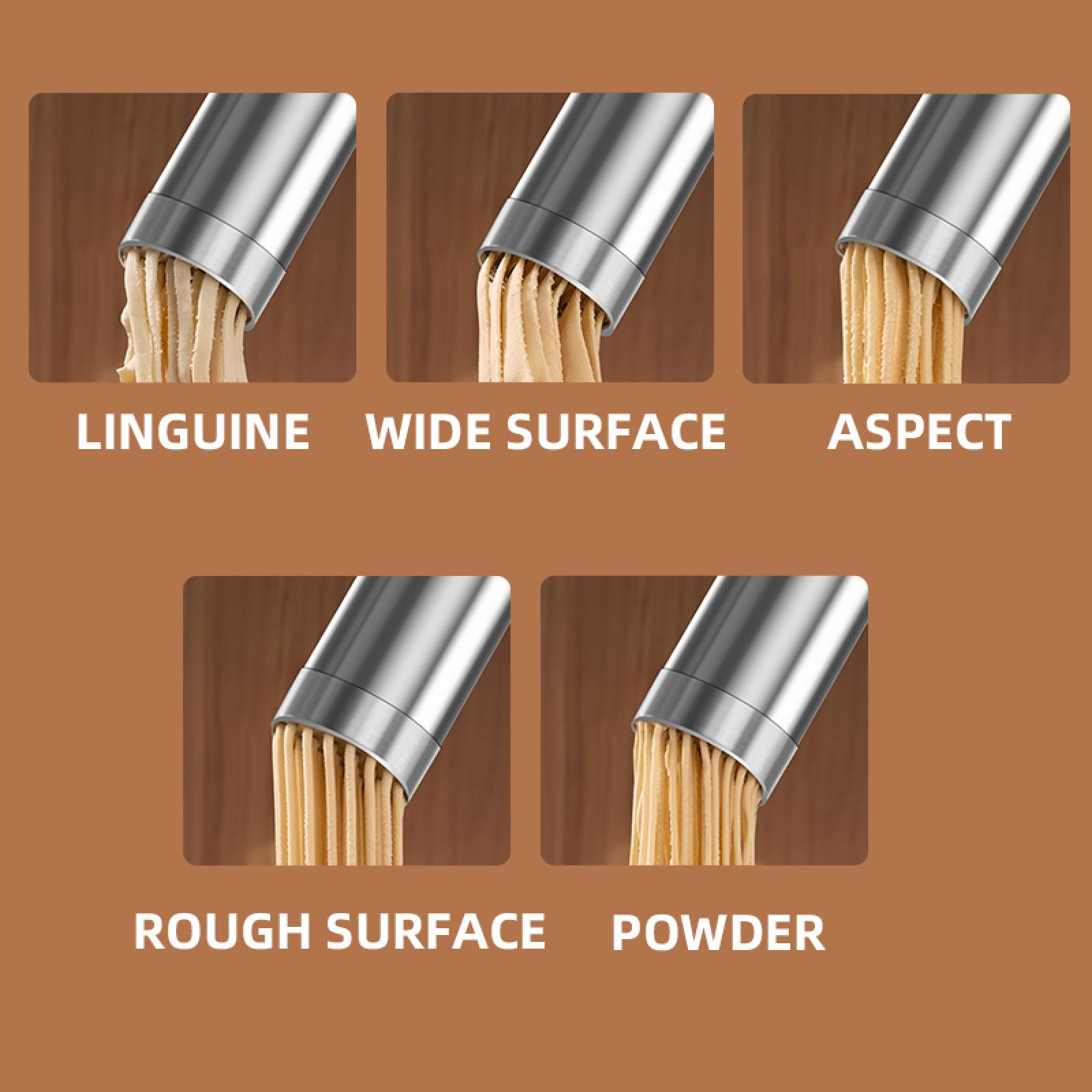 Das Bild zeigt Pasta-Extruder mit verschiedenen Pastaformen. Beschriftet sind LINGUINE, WIDE SURFACE, ASPECT, ROUGH SURFACE und POWDER.
