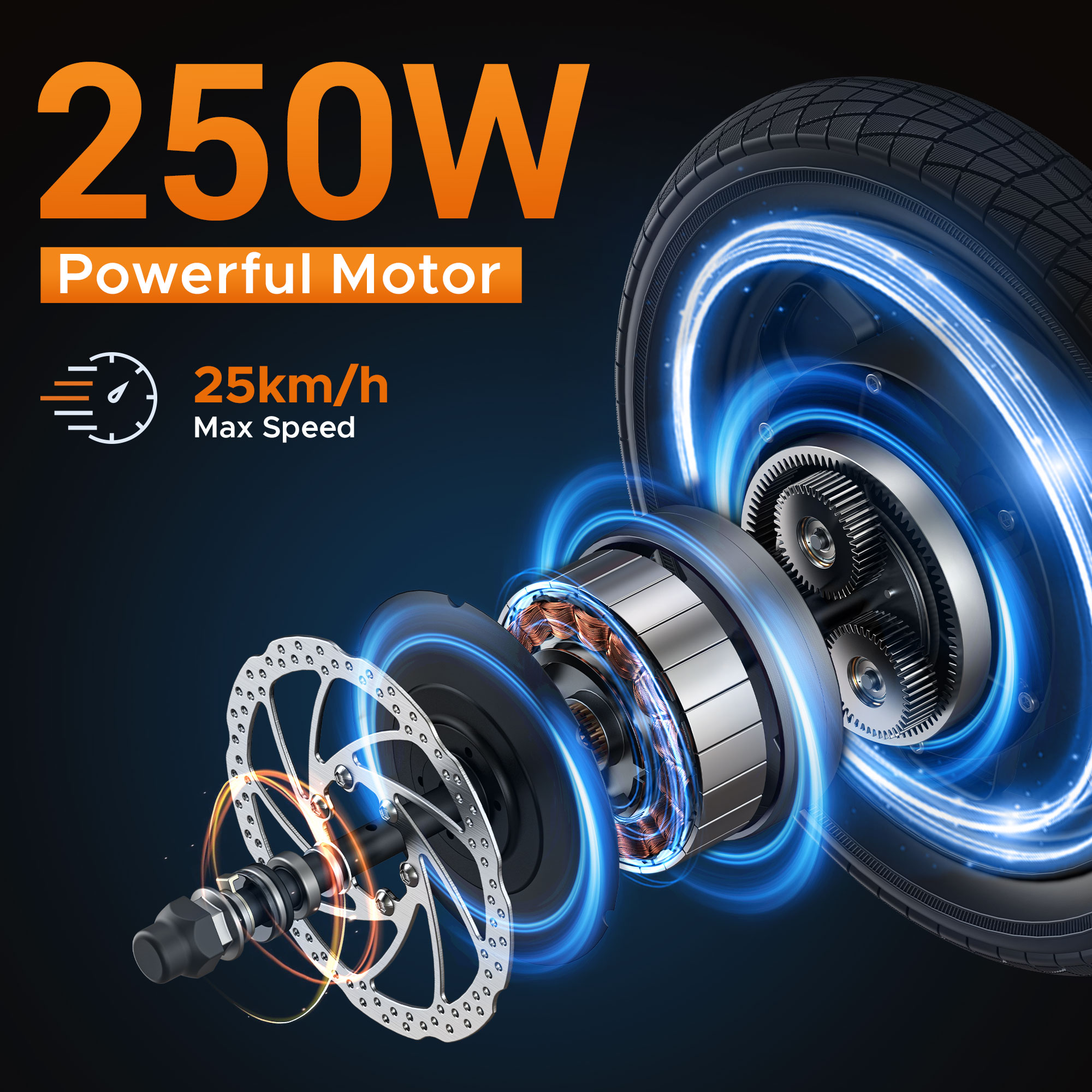 Diagramma di un motore elettrico da 250W con pneumatico. Include disco freno, ingranaggi e icona tachimetro.