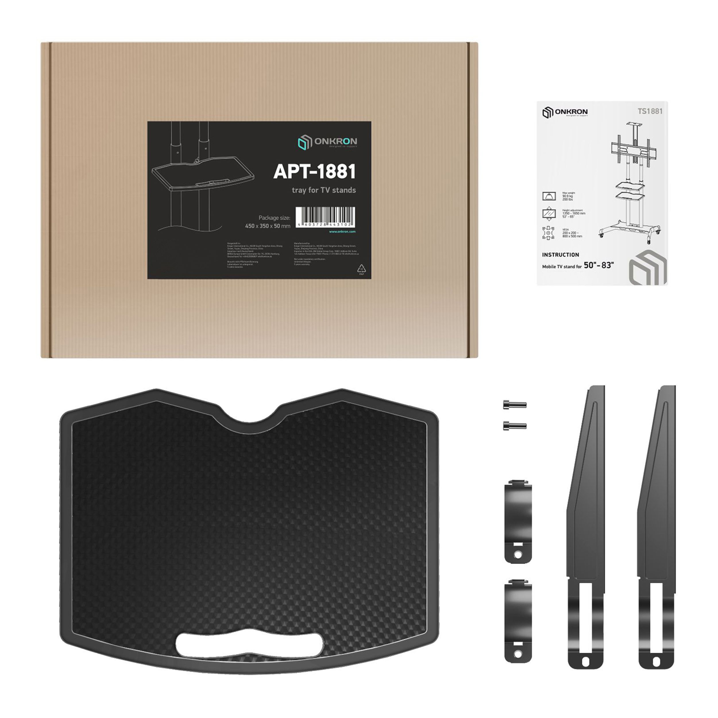 Eine ONKRON TV-Ständer-Box, Modell APT-1881, mit Zubehör und einer Ablage. Anleitungen und Ständerkomponenten sind sichtbar.
