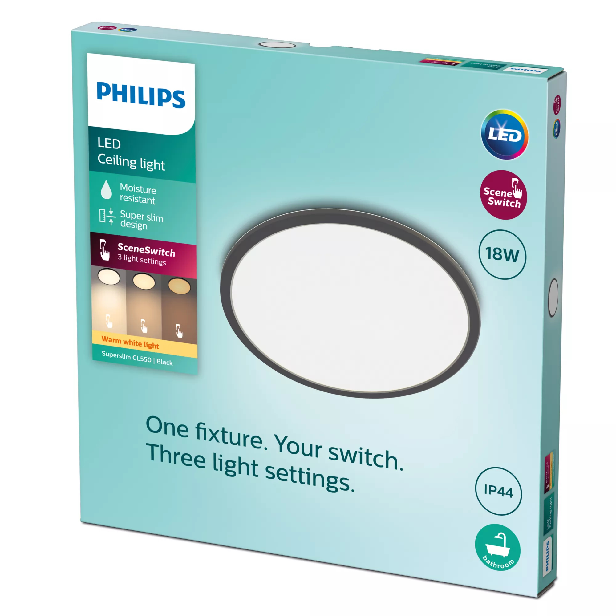 La caja muestra una lámpara de techo LED. Cuenta con SceneSwitch, 18W y es resistente a la humedad. La caja tiene una imagen de luminaria redonda.