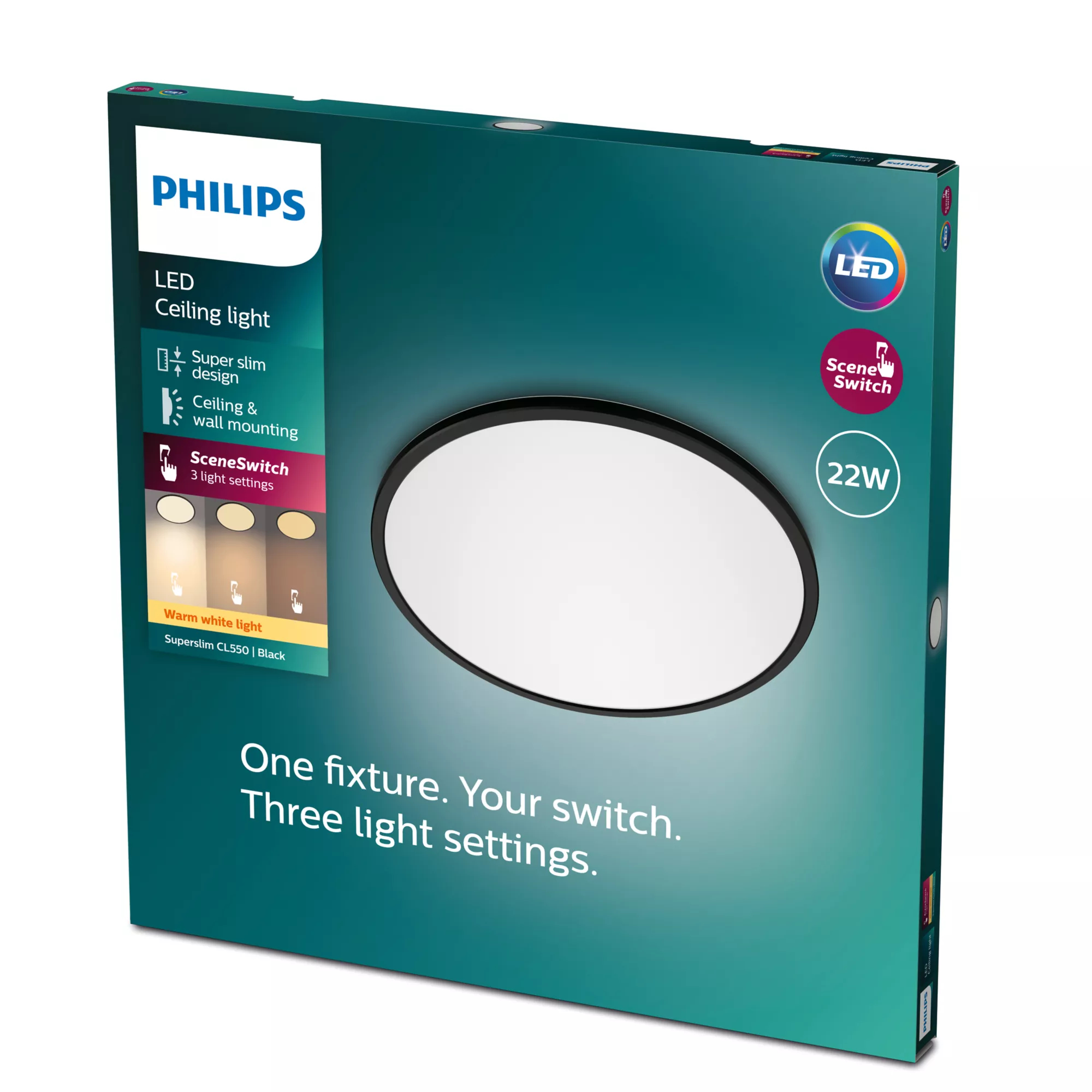 La scatola mostra una plafoniera LED Philips. È nera, rotonda e ha tre impostazioni di luce. La scatola è verde acqua e bianca.