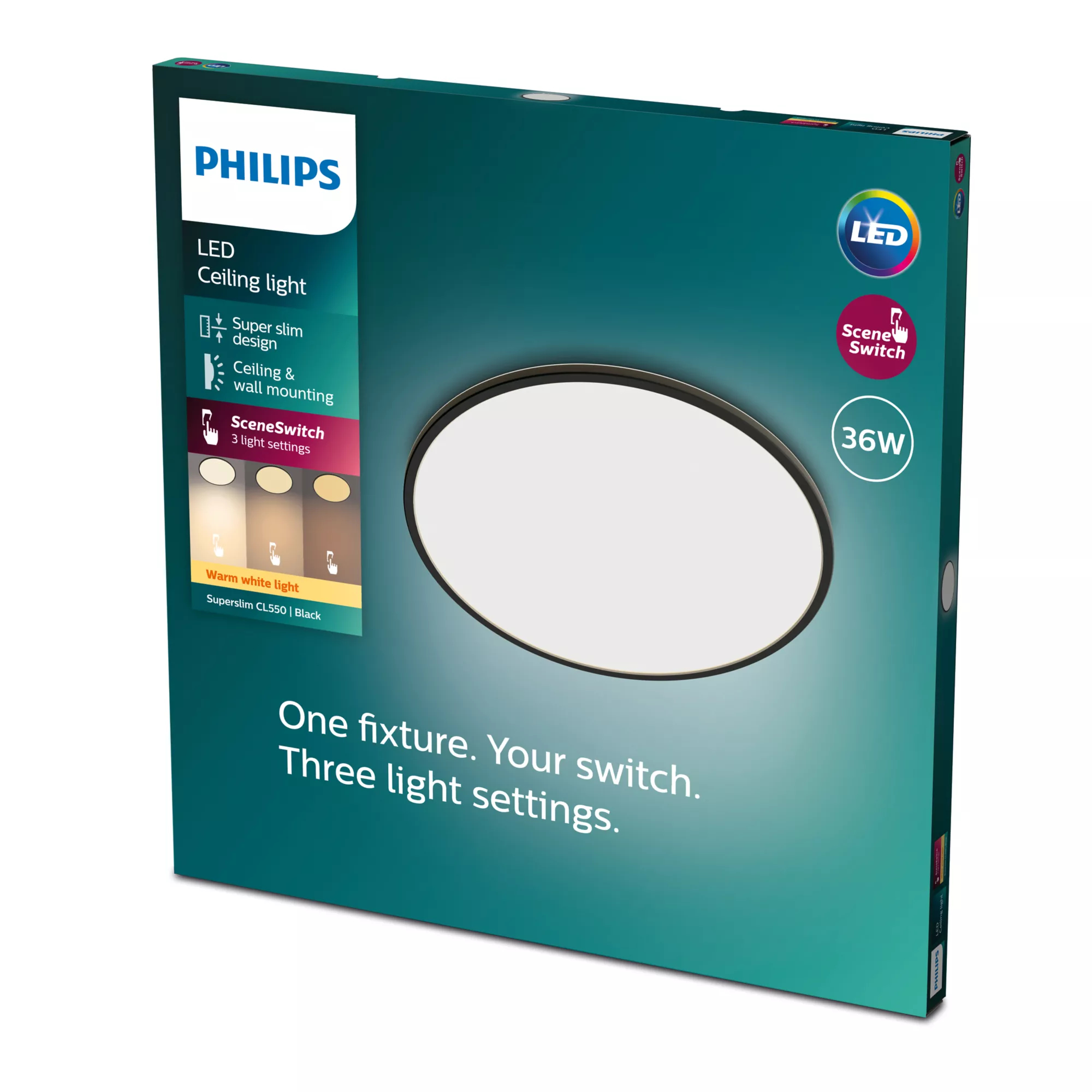 La scatola mostra una plafoniera LED Philips. Ha un apparecchio di illuminazione circolare, 3 impostazioni di luce ed è super sottile. Include il logo Philips.