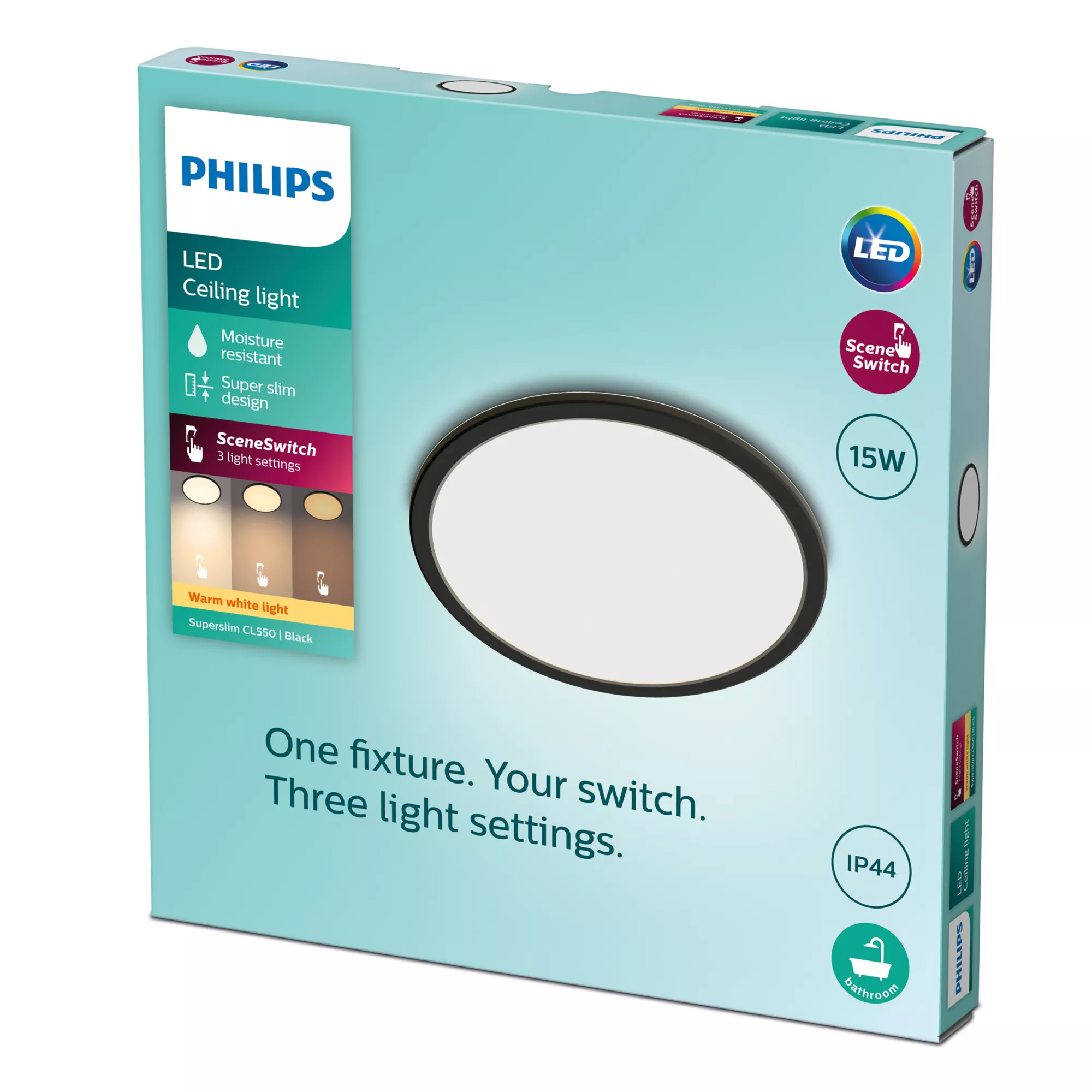 Une boîte de plafonnier LED Philips. Elle a un cadre noir avec une lumière blanche. Elle dispose d'un commutateur de scène et résiste à l'humidité.