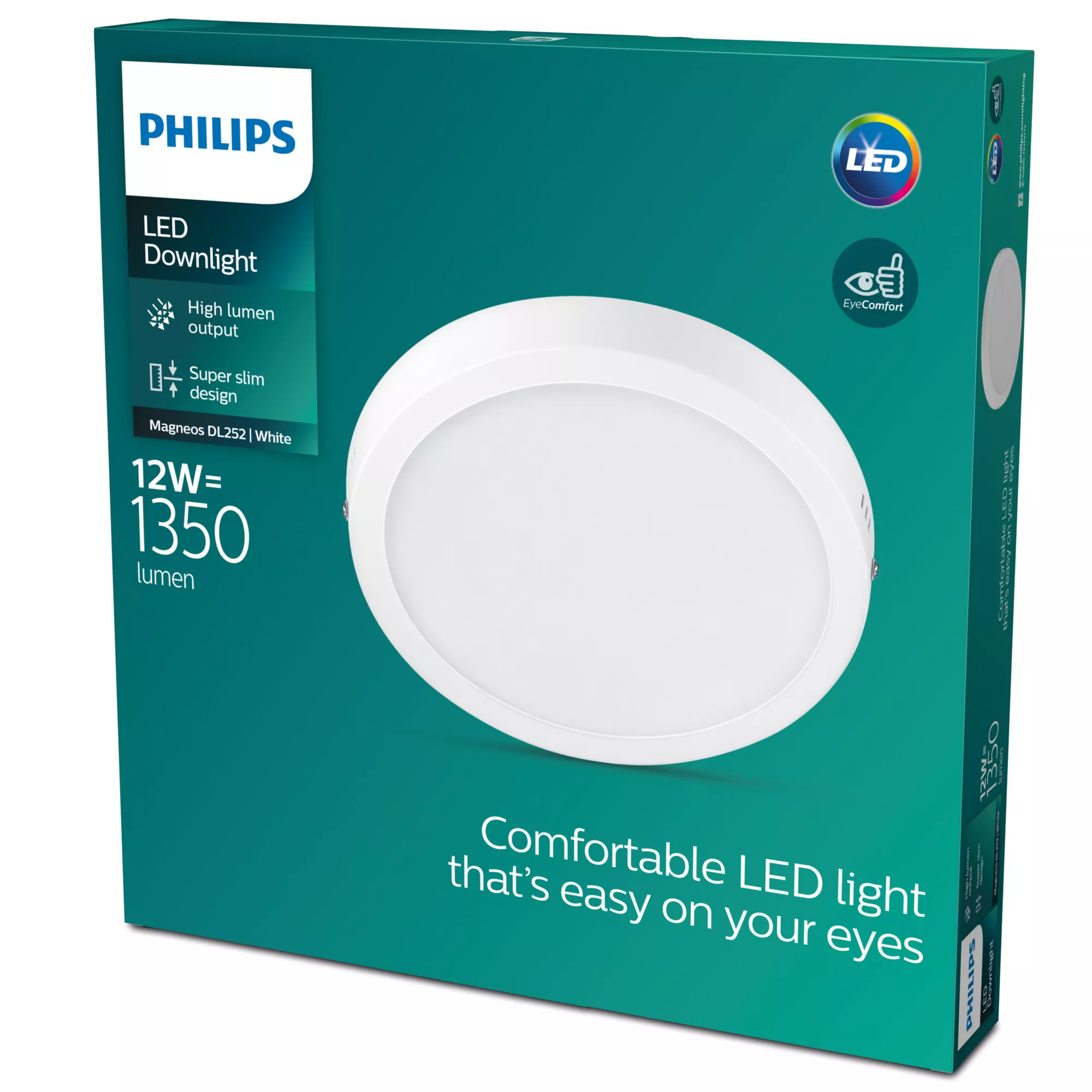 Caja de downlight LED Philips. Luminaria blanca circular sobre fondo verde azulado. El texto incluye detalles del producto.