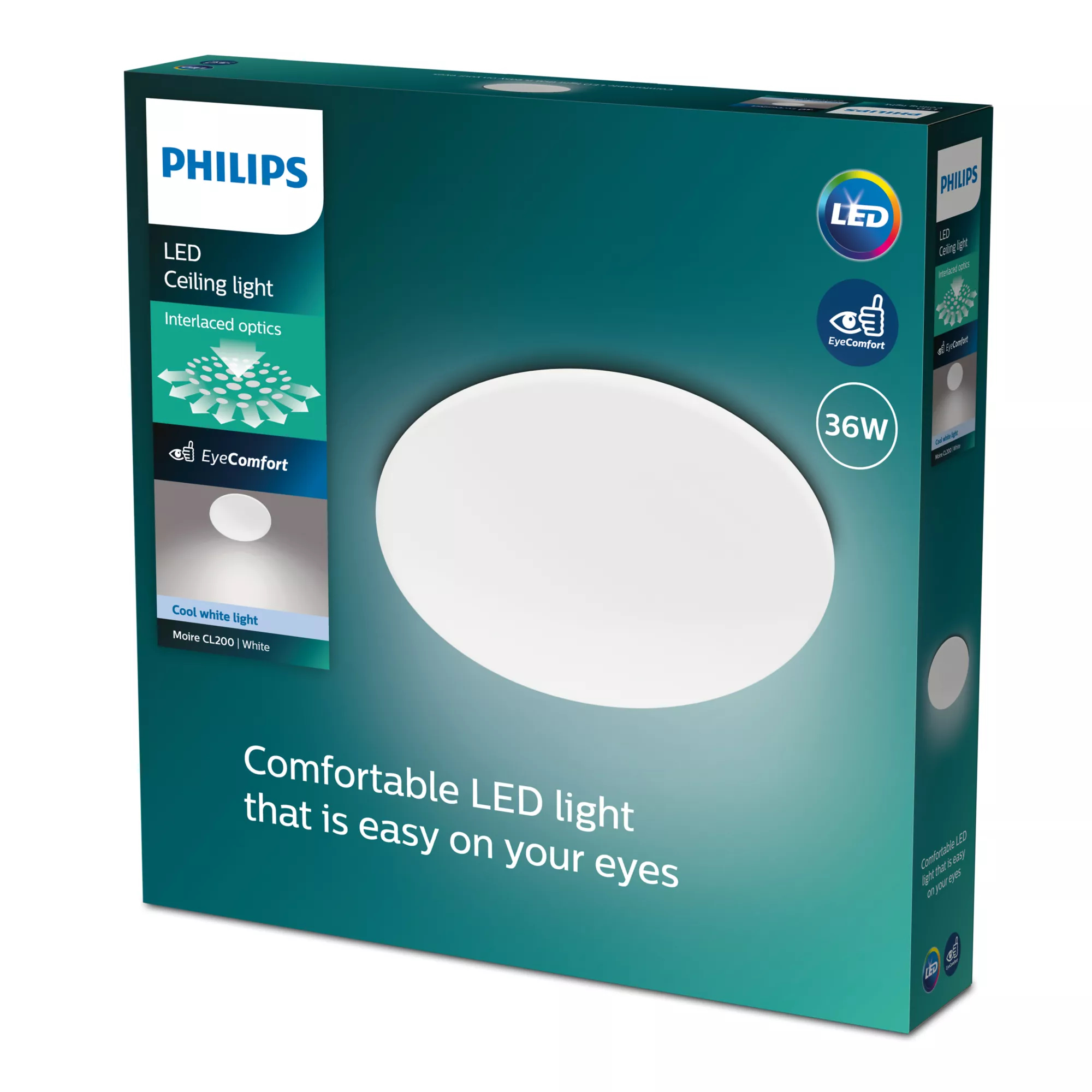 Una caja de luz de techo LED Philips. Tiene el logotipo de Philips, detalles del producto y una imagen del artefacto.