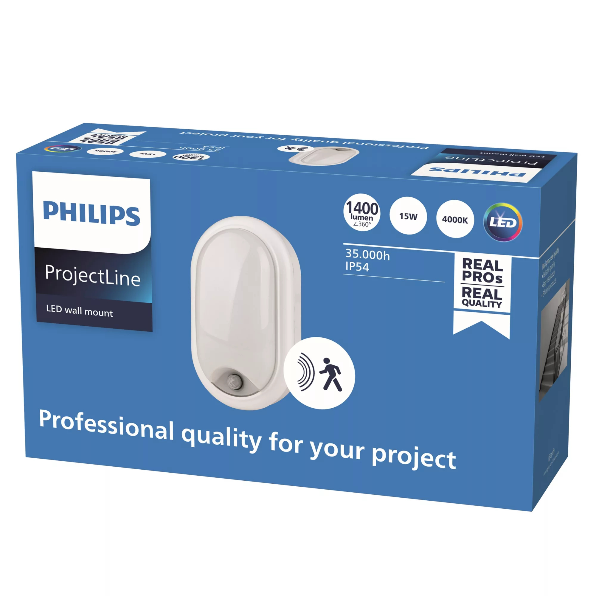 Eine Philips ProjectLine LED-Wandhalterungsbox. Sie ist weiß mit blauen Akzenten. Sie hat eine Leuchte und technische Daten.