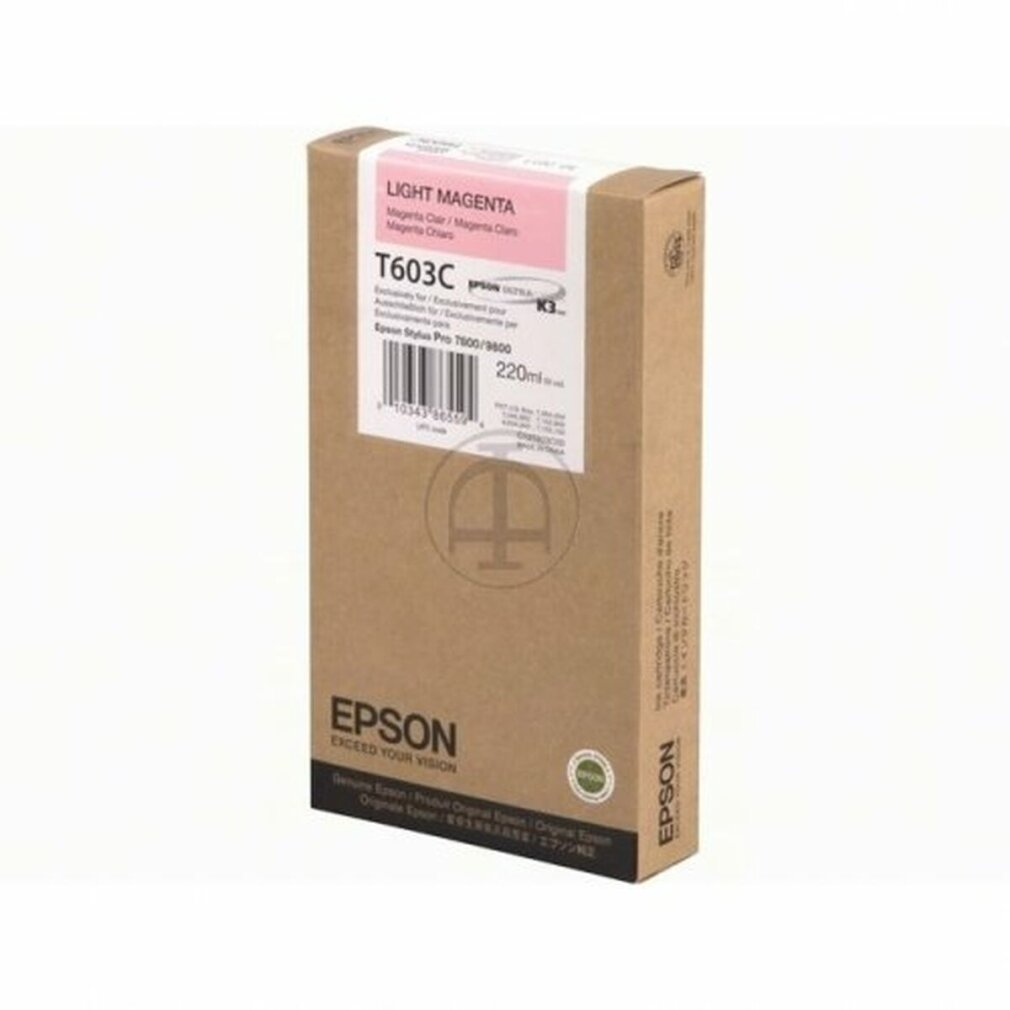 Een doosje Epson Light Magenta inktcartridge. De doos is bruin met witte en roze labels. Het logo van Epson staat onderaan.