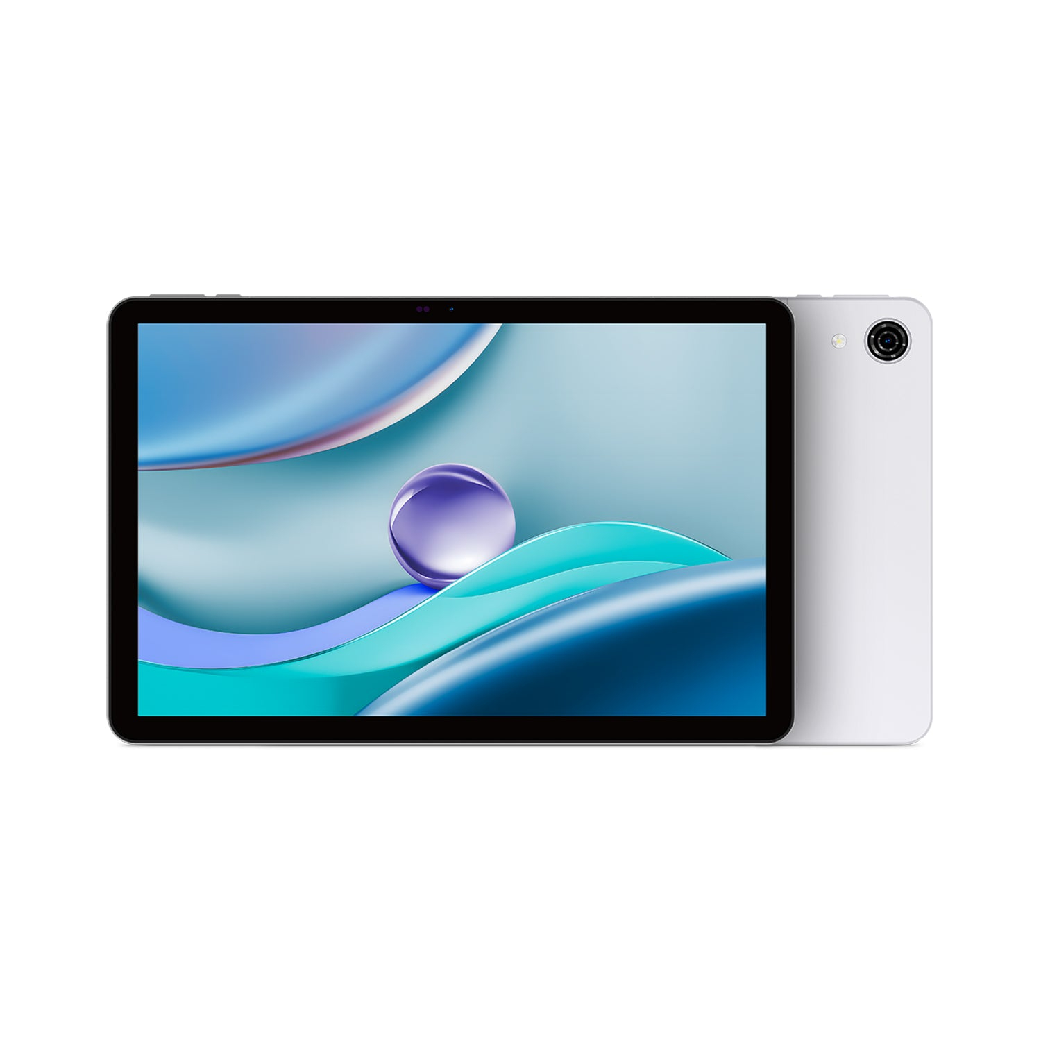 Ein Tablet, die Vorderansicht zeigt abstrakte Kunst mit einer lila Kugel. Die Rückseite ist weiß mit Kamera.