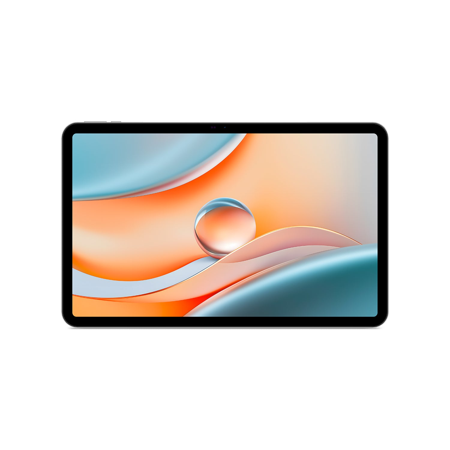 Ein Tablet mit schwarzem Rahmen. Der Bildschirm zeigt ein buntes abstraktes Design mit Blau, Orange und einer Glaskugel.