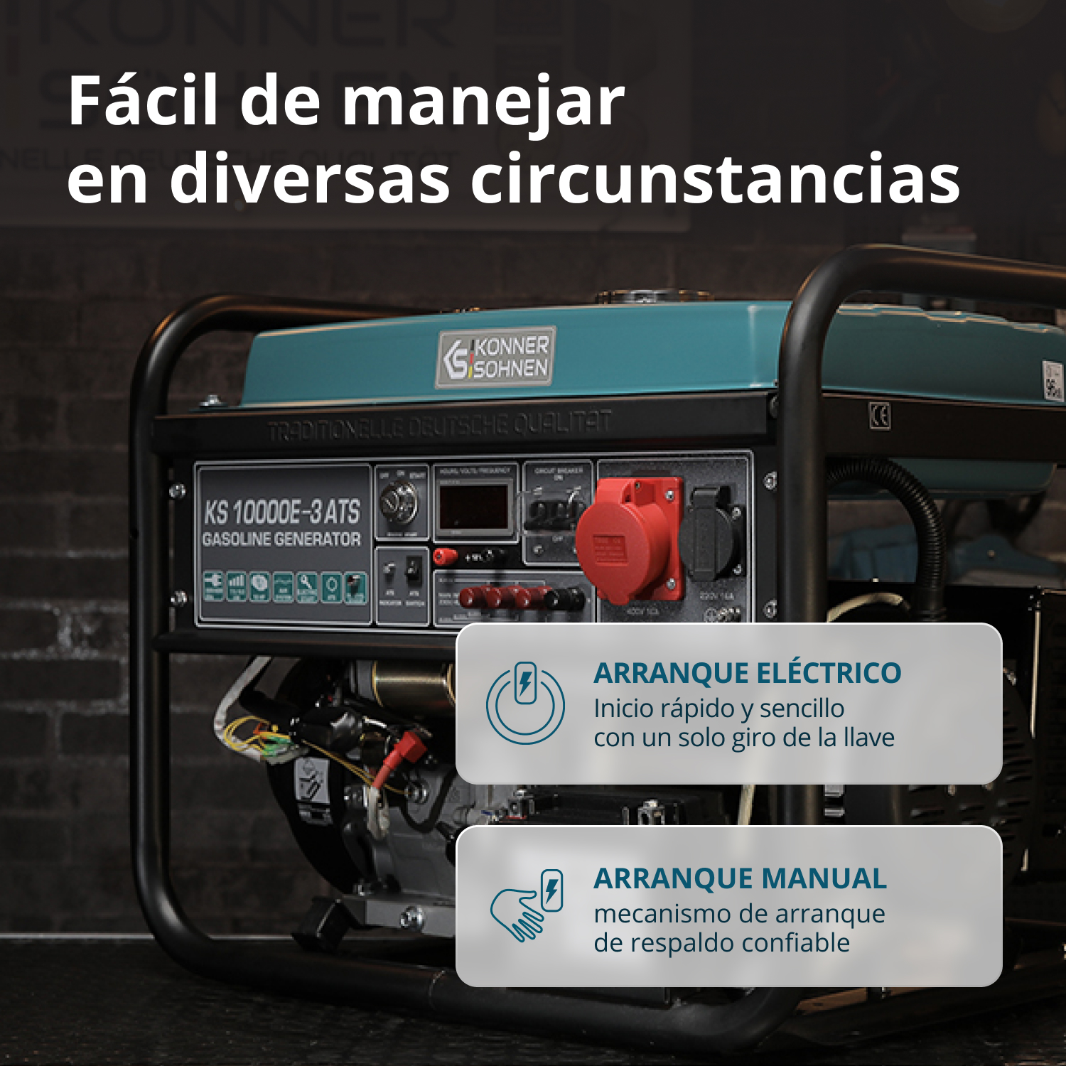 Agregat benzynowy z tekstem w języku hiszpańskim. Posiada opcje uruchamiania elektrycznego i ręcznego. Agregat jest czarny i turkusowy.