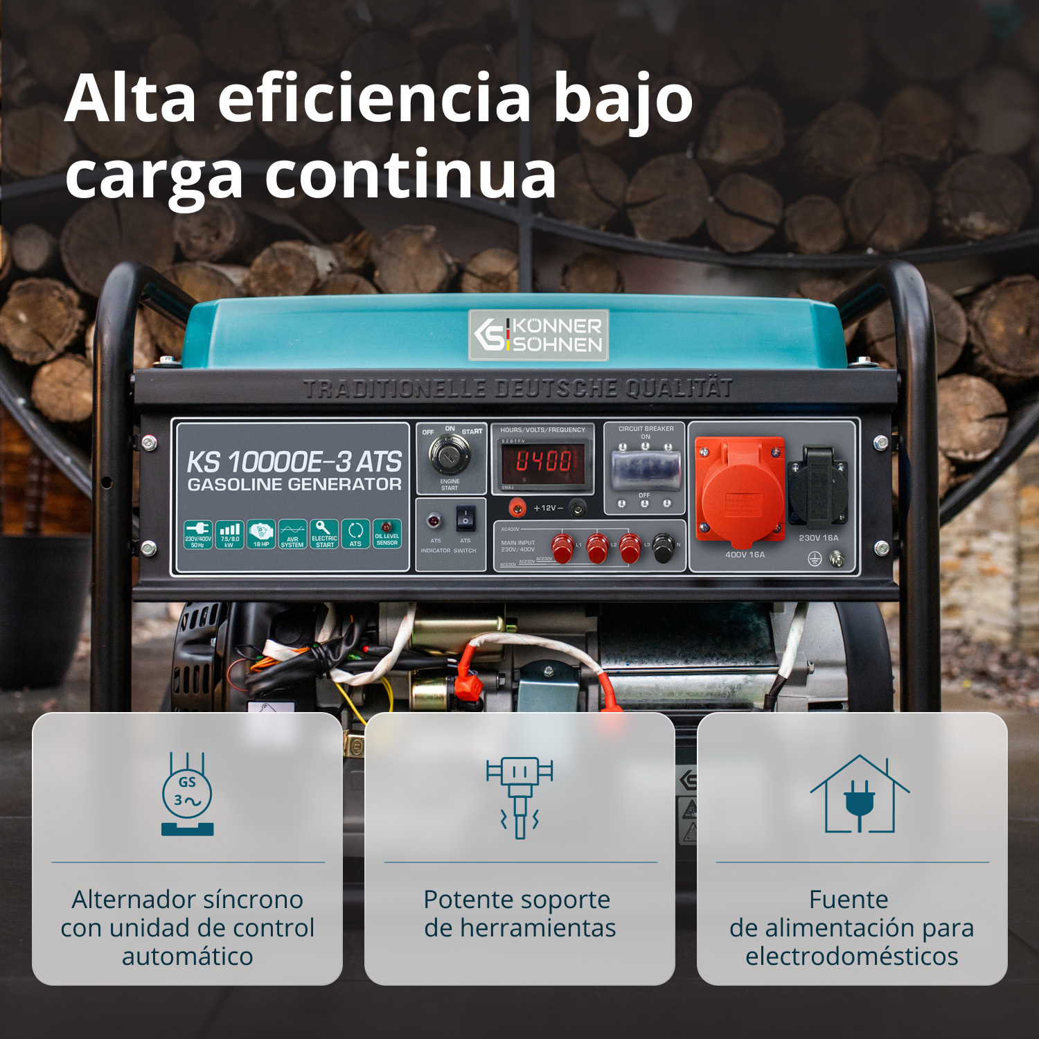 Generator benzynowy z różnymi funkcjami i wskaźnikami, w tym wyświetlaczem cyfrowym, gniazdami i przełącznikami.