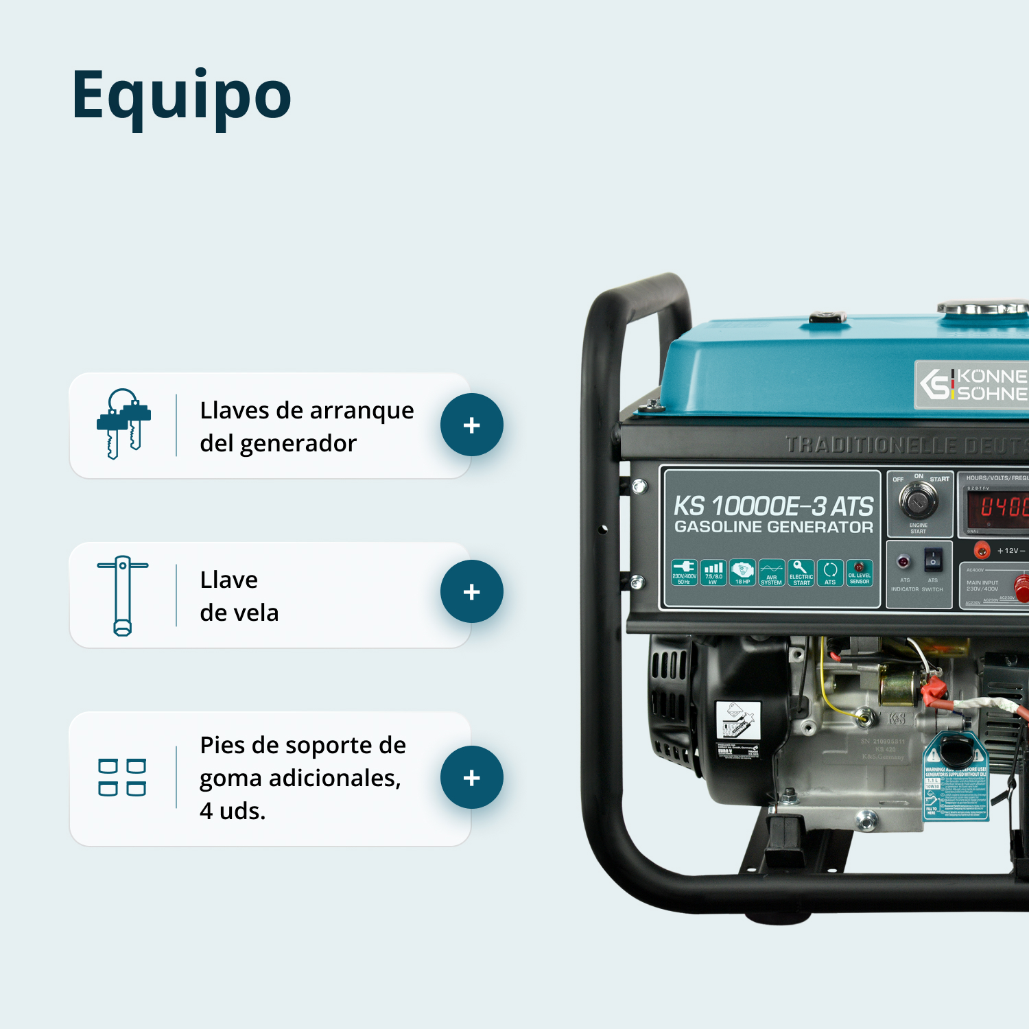 Obraz pokazuje części generatora: klucze rozruchowe, klucz do świec zapłonowych i gumowe nóżki podporowe. Generator jest turkusowy i czarny.