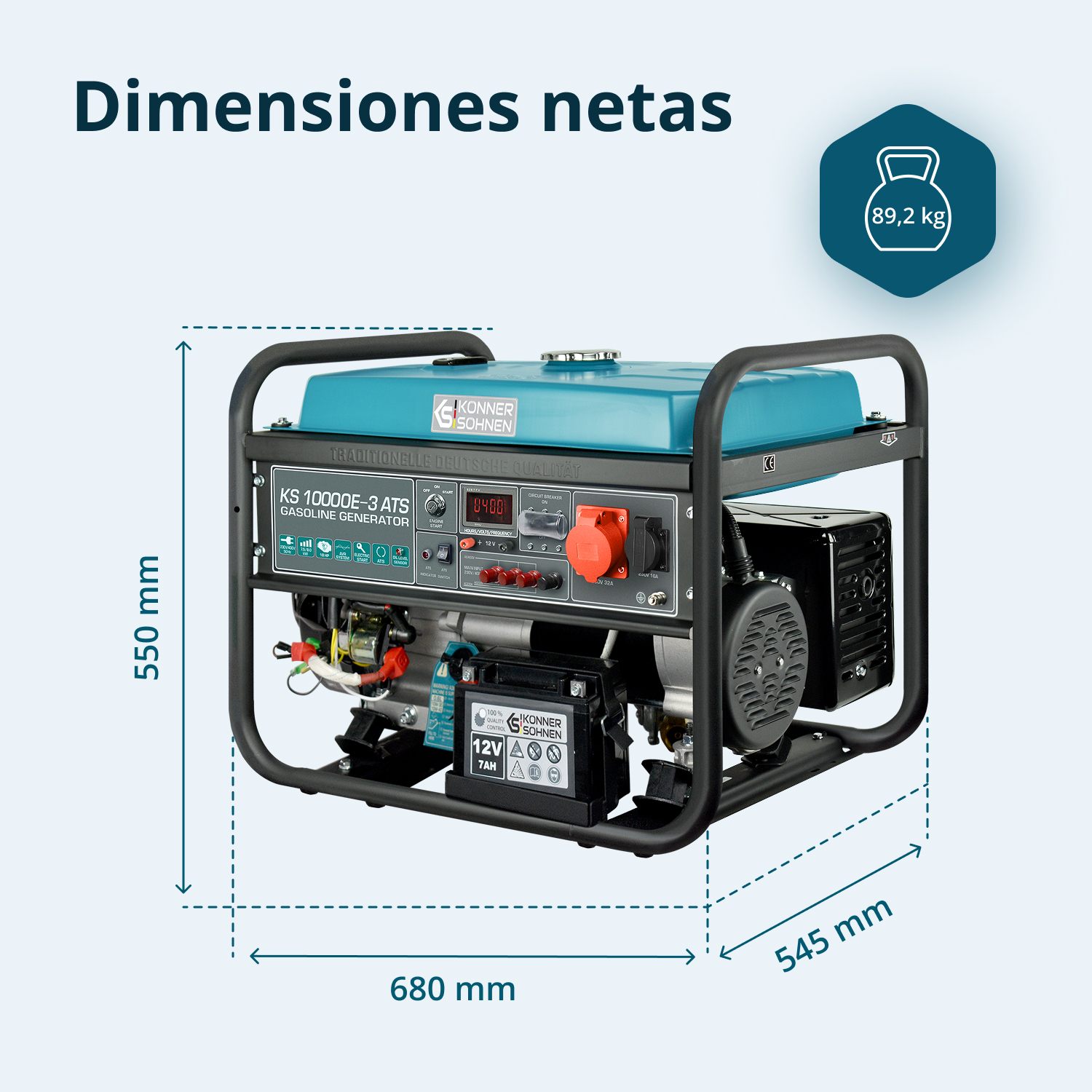 Un generador con dimensiones etiquetadas. Tiene una parte superior azul, marco negro y muestra medidas en mm y peso en kg.
