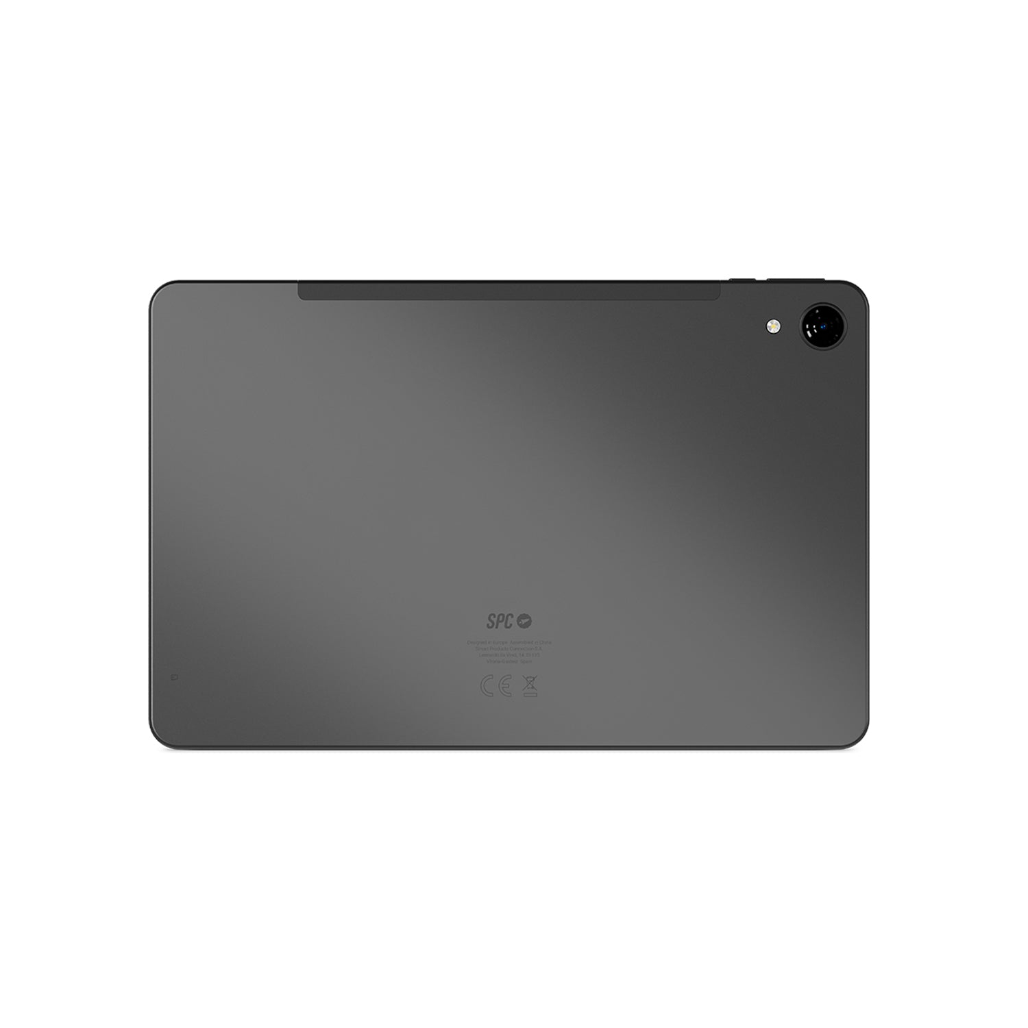 Ein dunkelgraues Tablet mit einer Kamera oben rechts und dem SPC-Logo sowie etwas Text unten.