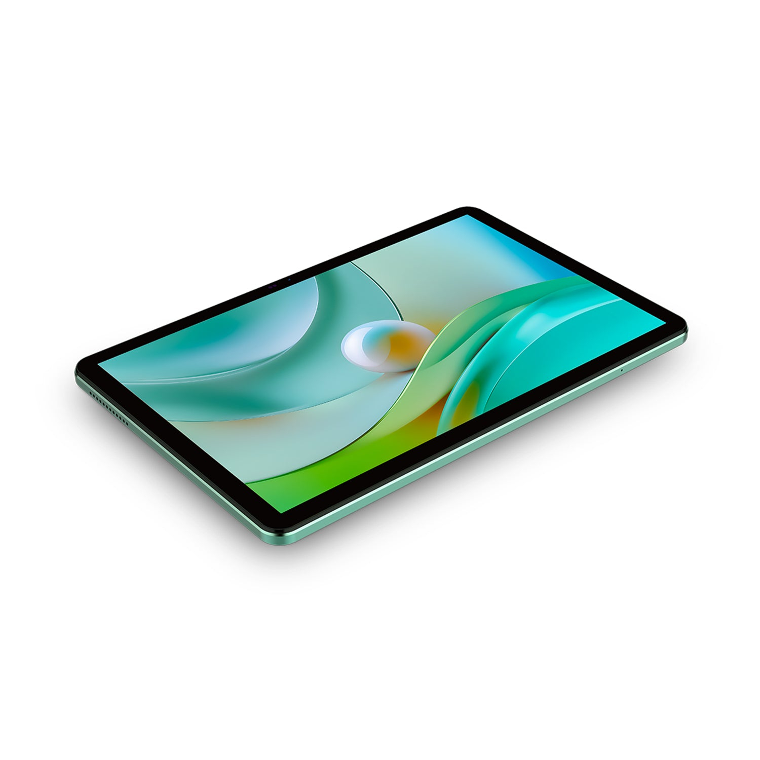 Un tablet con cornice verde, lo schermo mostra un design astratto colorato. Lo sfondo è bianco. Il tablet è angolato.