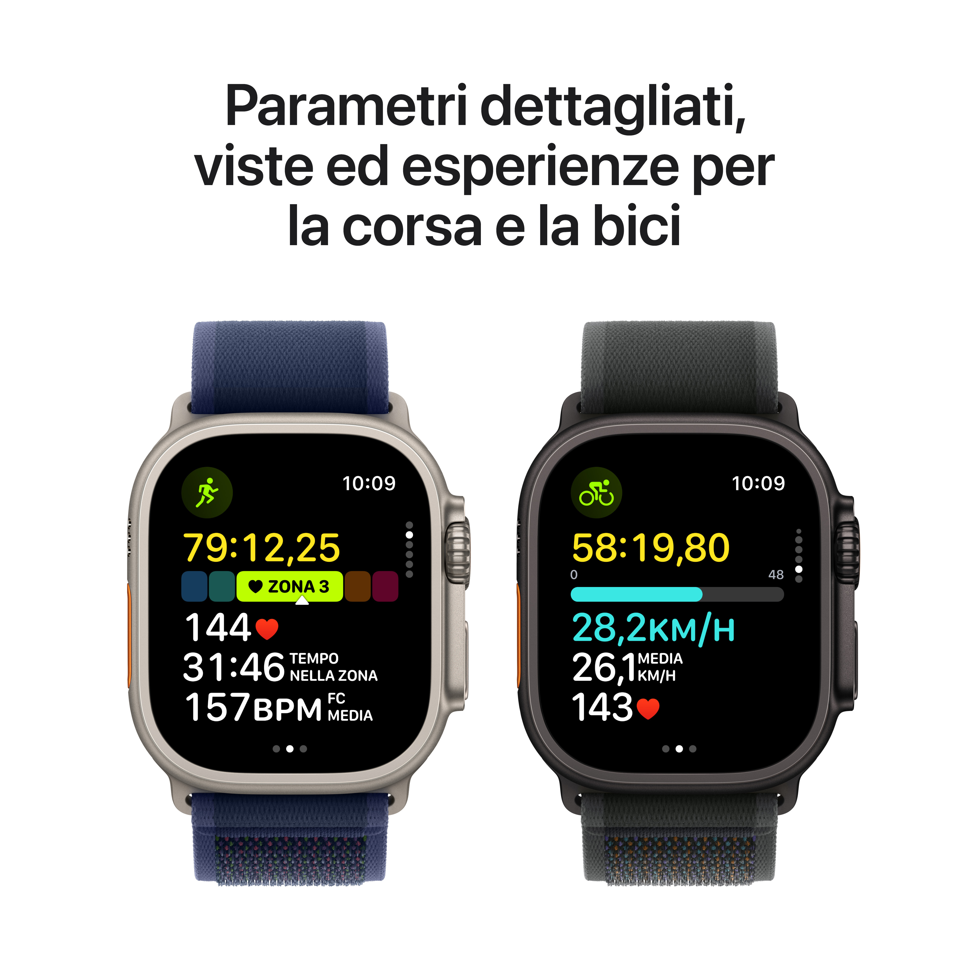 Dos smartwatches mostrando estadísticas deportivas. Uno para correr con correa azul, otro para ciclismo con correa gris.