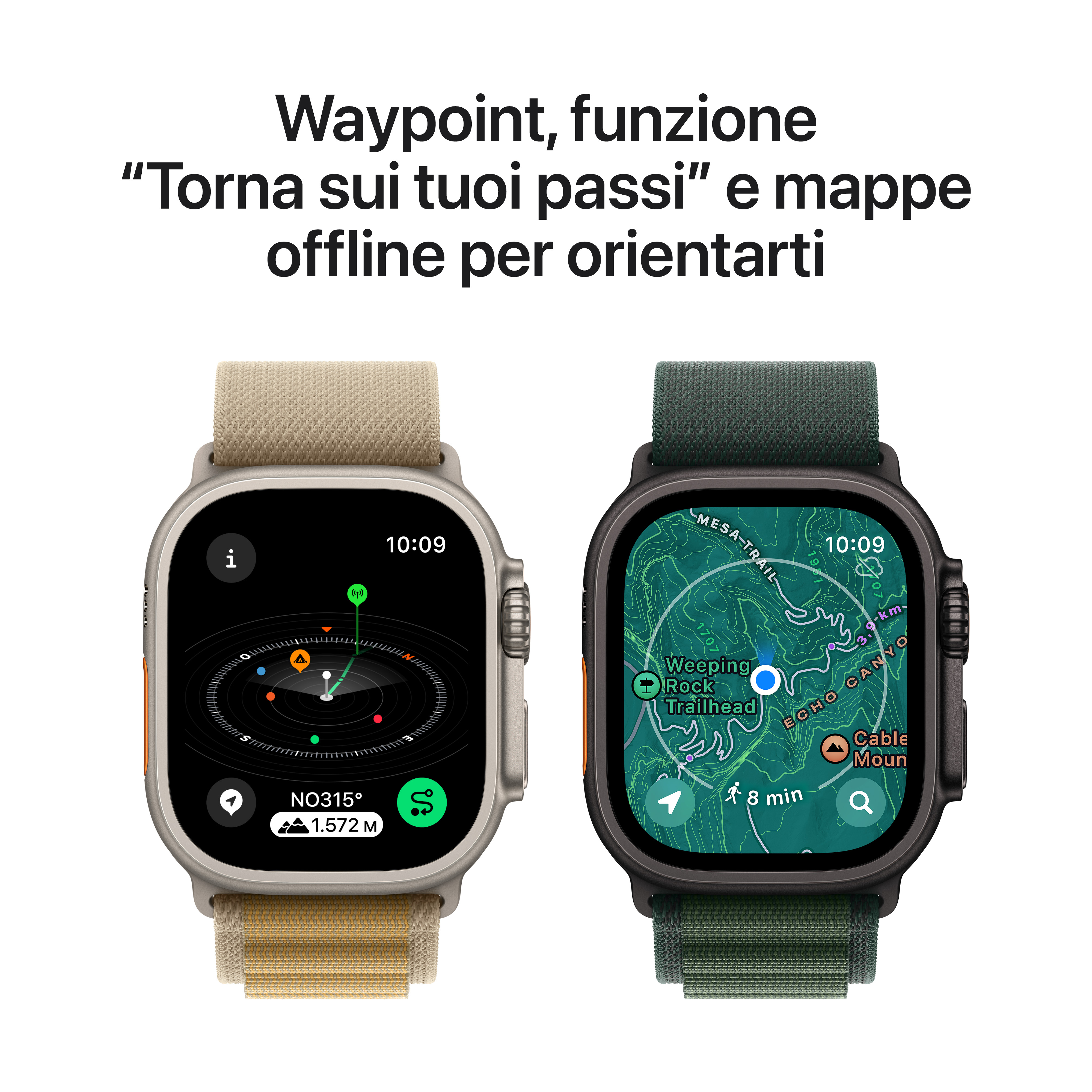 Dos smartwatches sobre fondo blanco. Uno con correa beige mostrando brújula, otro con correa verde mostrando mapa.