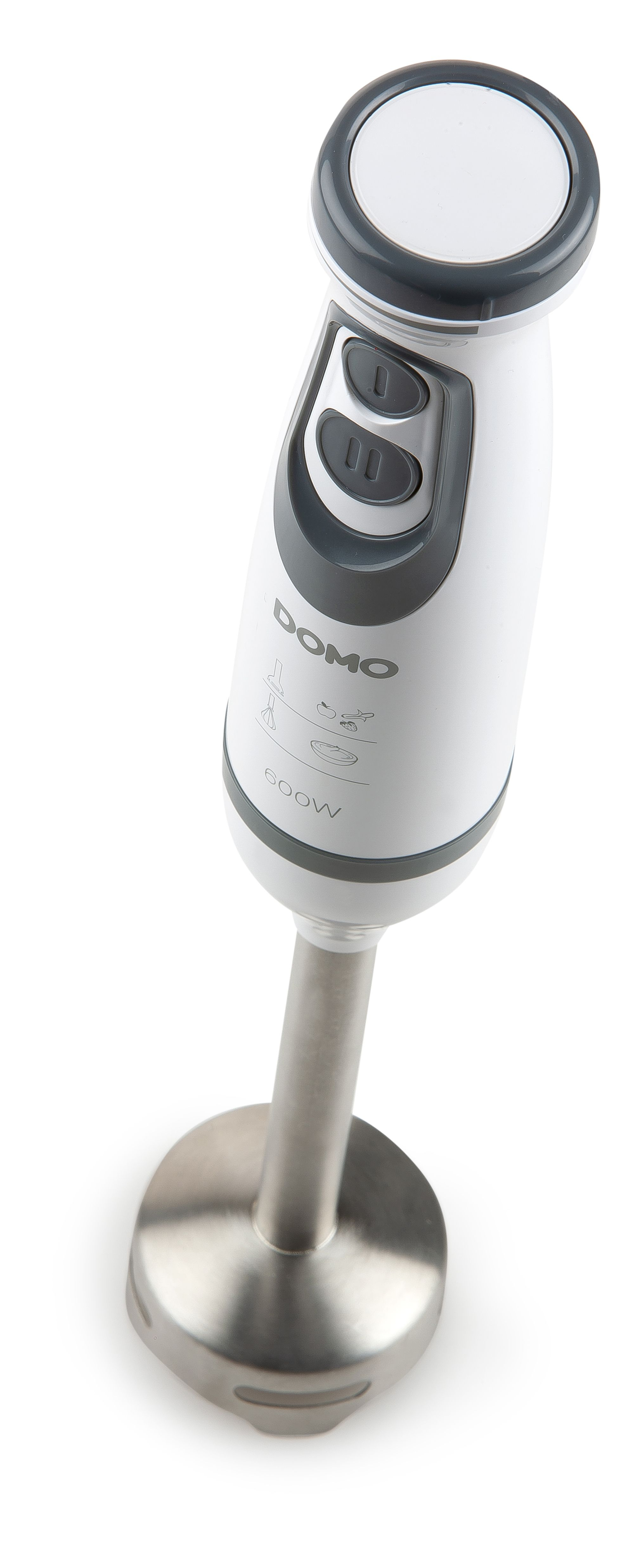 Biało-szary blender DOMO. Posiada dwa przyciski i moc 600W. Ostrze wykonane jest z metalu.