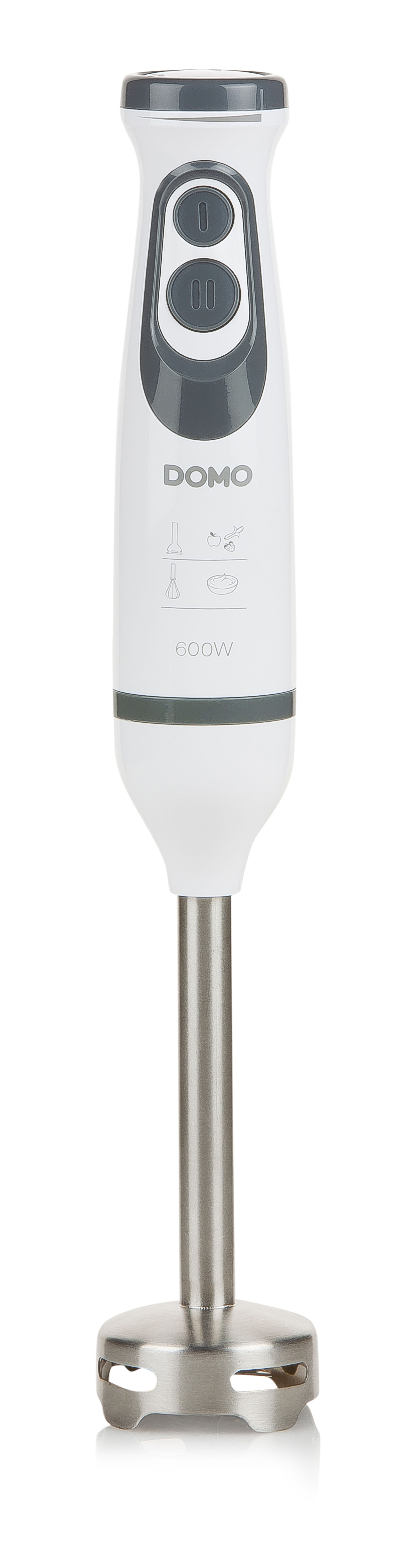 Biało-szary blender ręczny z dwoma przyciskami, logo 'DOMO' i 600W. Srebrny wał i podstawa.