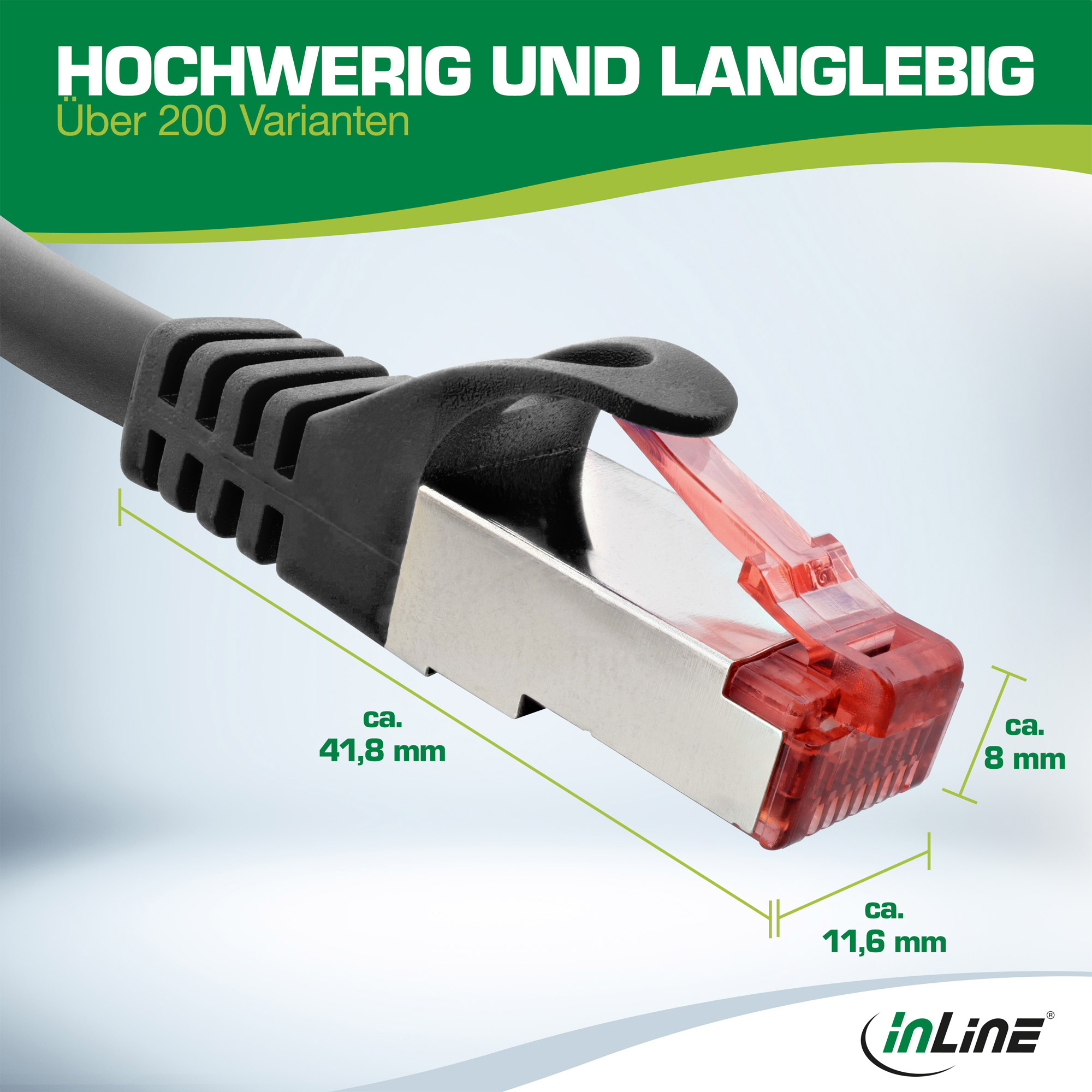 Zbliżenie złącza kabla Ethernet. Złącze jest czarne, metaliczne i czerwone. Wymiary są zawarte na zdjęciu.