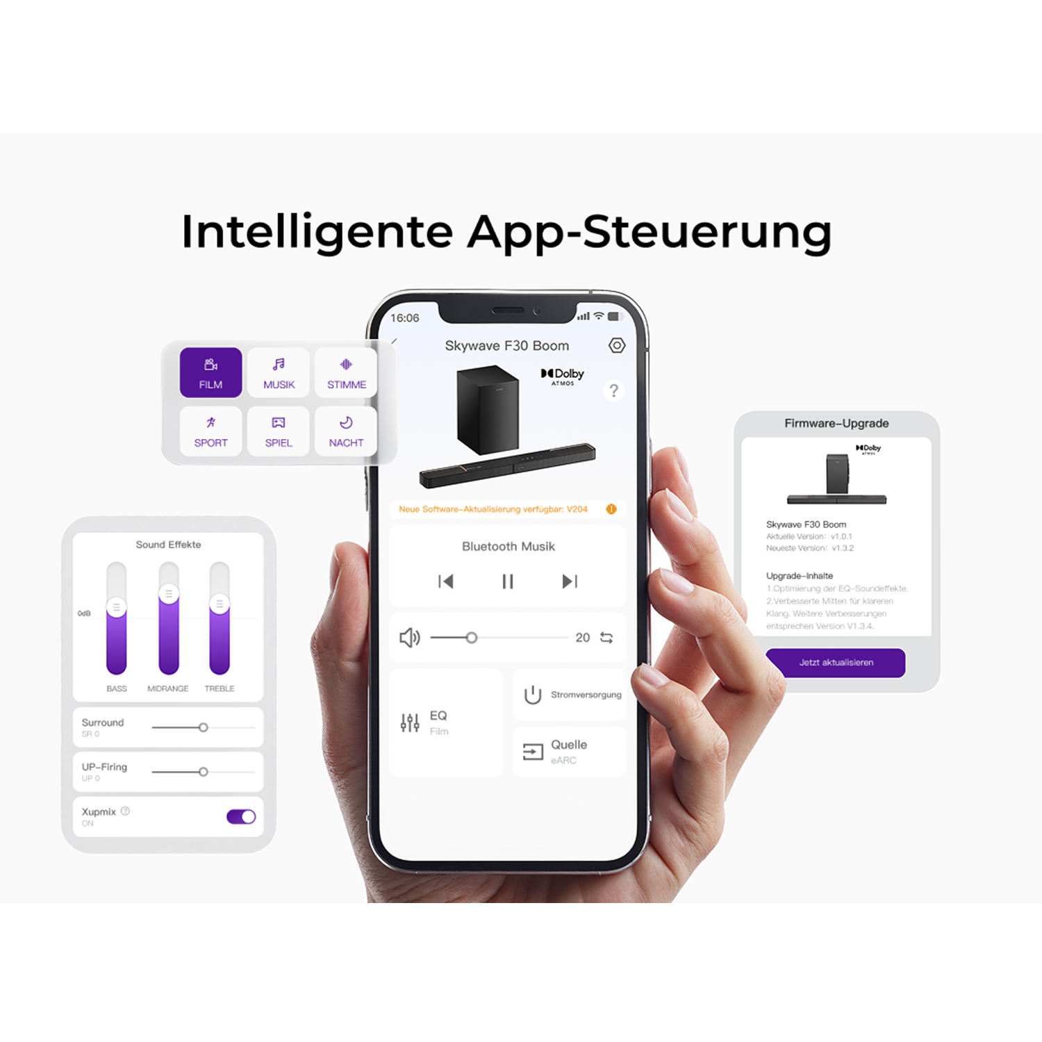 Ręka trzyma telefon z interfejsem aplikacji dla systemu dźwiękowego. Ekran wyświetla ustawienia dźwięku i opcje aktualizacji.