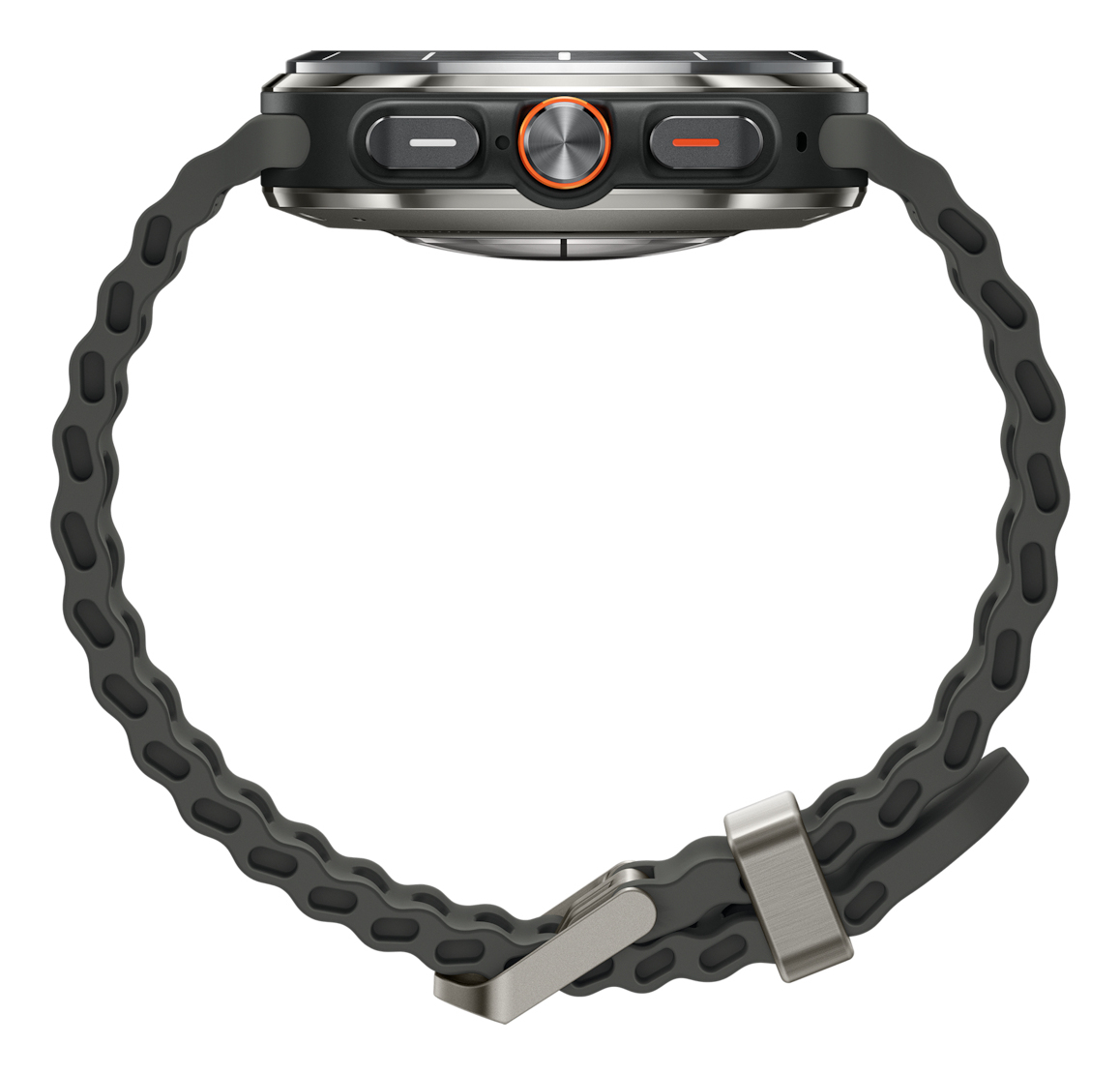 Widok z boku smartwatcha. Zegarek ma szary pasek. Tarcza zegarka jest czarna i szara z pomarańczowymi akcentami. Metalowe zapięcie.