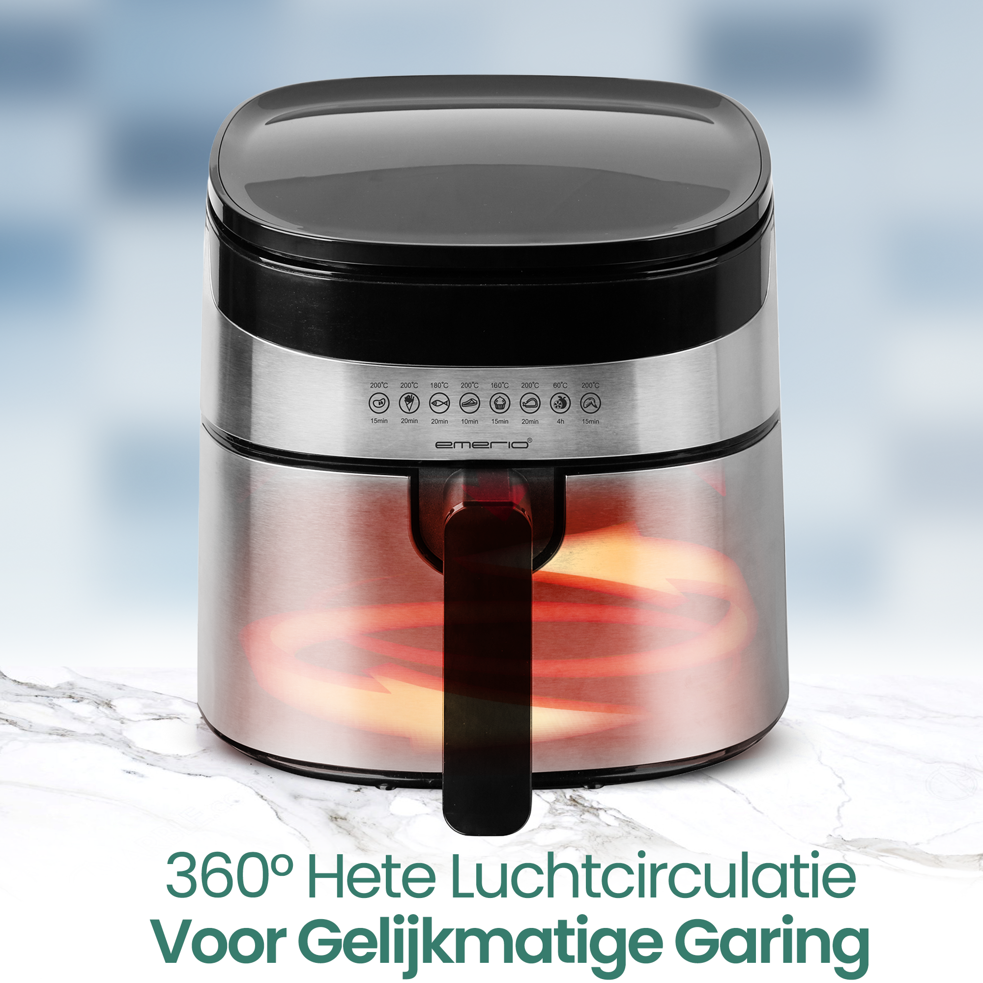 Frytownica powietrzna z czarnym blatem i uchwytem. Pokrętło pokazuje różne ustawienia gotowania i opcje timera.