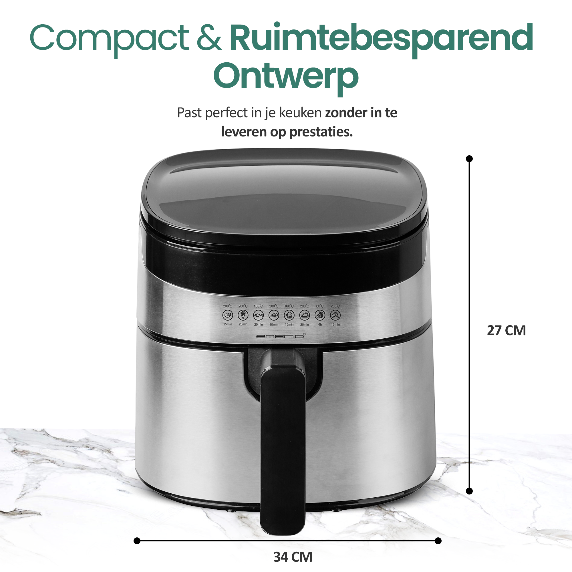 Srebrno-czarna frytkownica na białej marmurowej powierzchni. Wymiary: 27 cm wysokości i 34 cm szerokości.