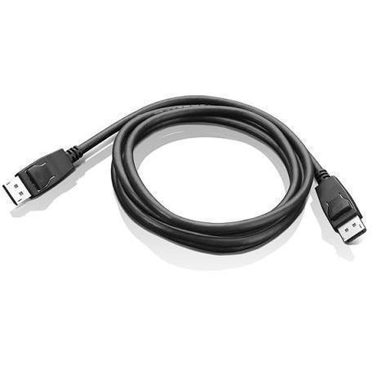 Un câble DisplayPort noir sur fond blanc. Le câble est enroulé et possède des connecteurs aux deux extrémités.