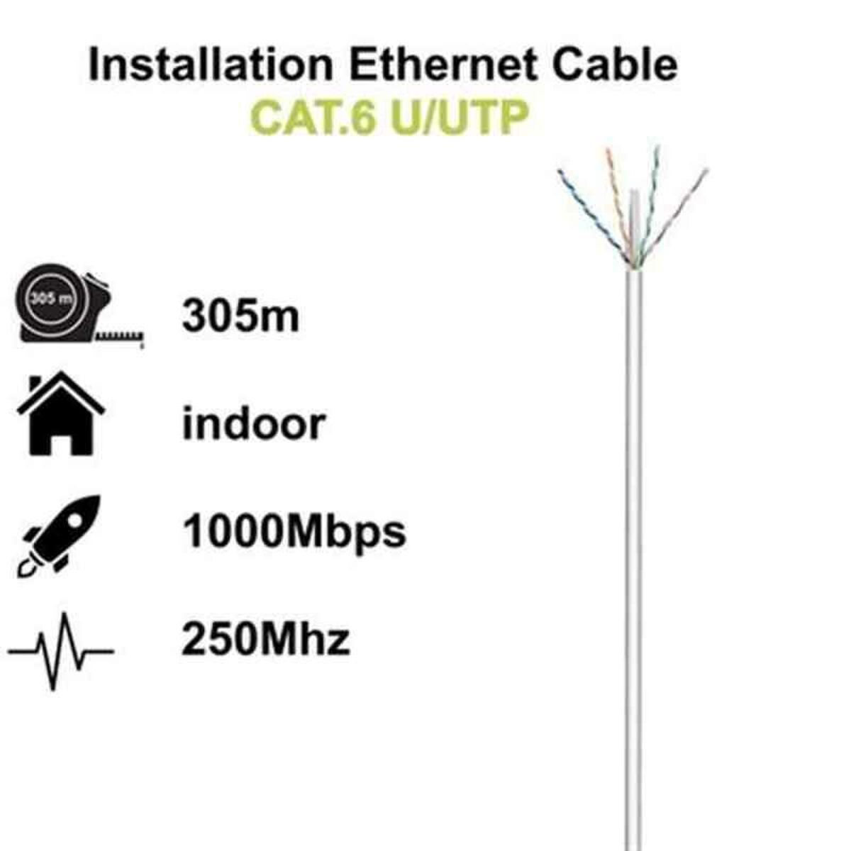 L'immagine mostra un cavo Ethernet con specifiche: CAT.6 U/UTP, 305m, uso interno, velocità 1000Mbps e frequenza 250MHz.