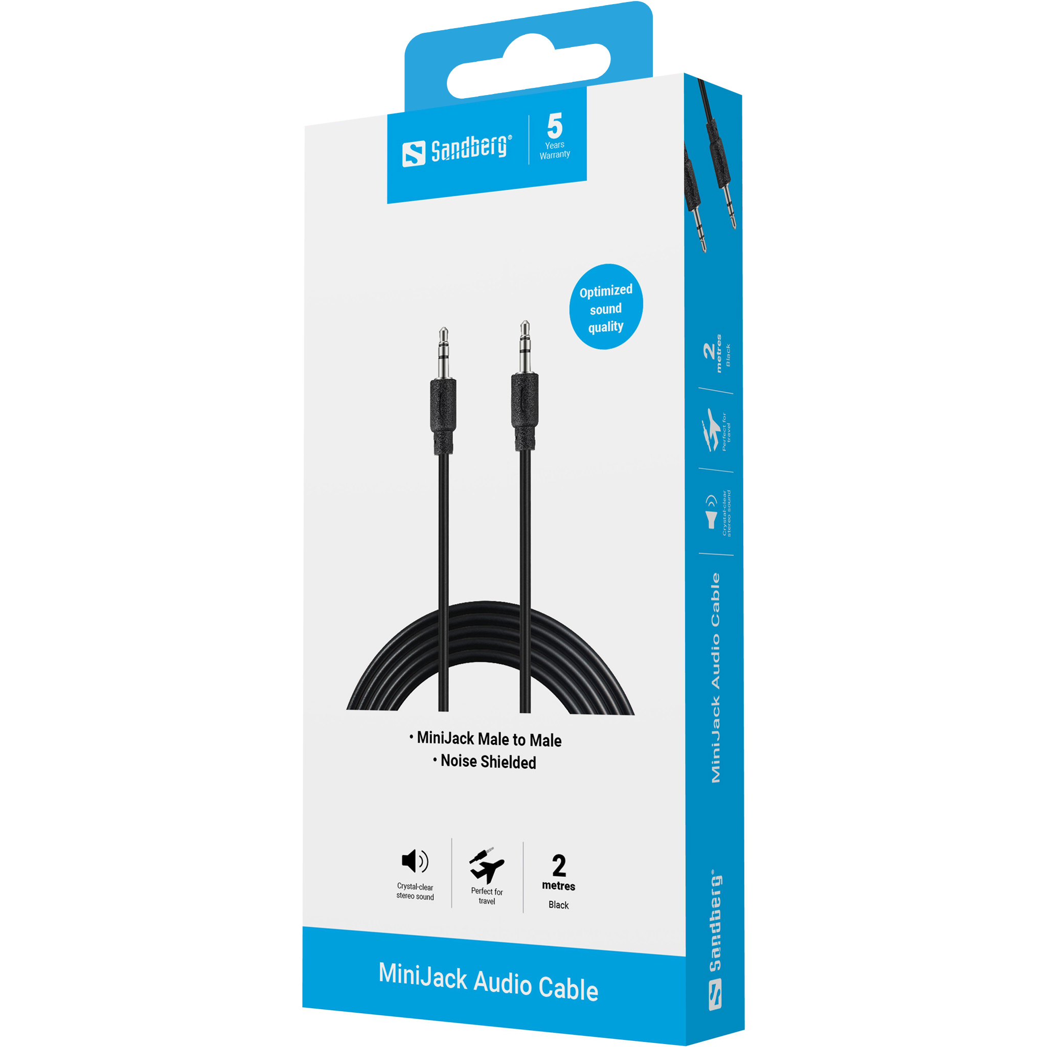 Una scatola del prodotto per un cavo audio MiniJack. La scatola è bianca, blu e nera, con il cavo al centro.