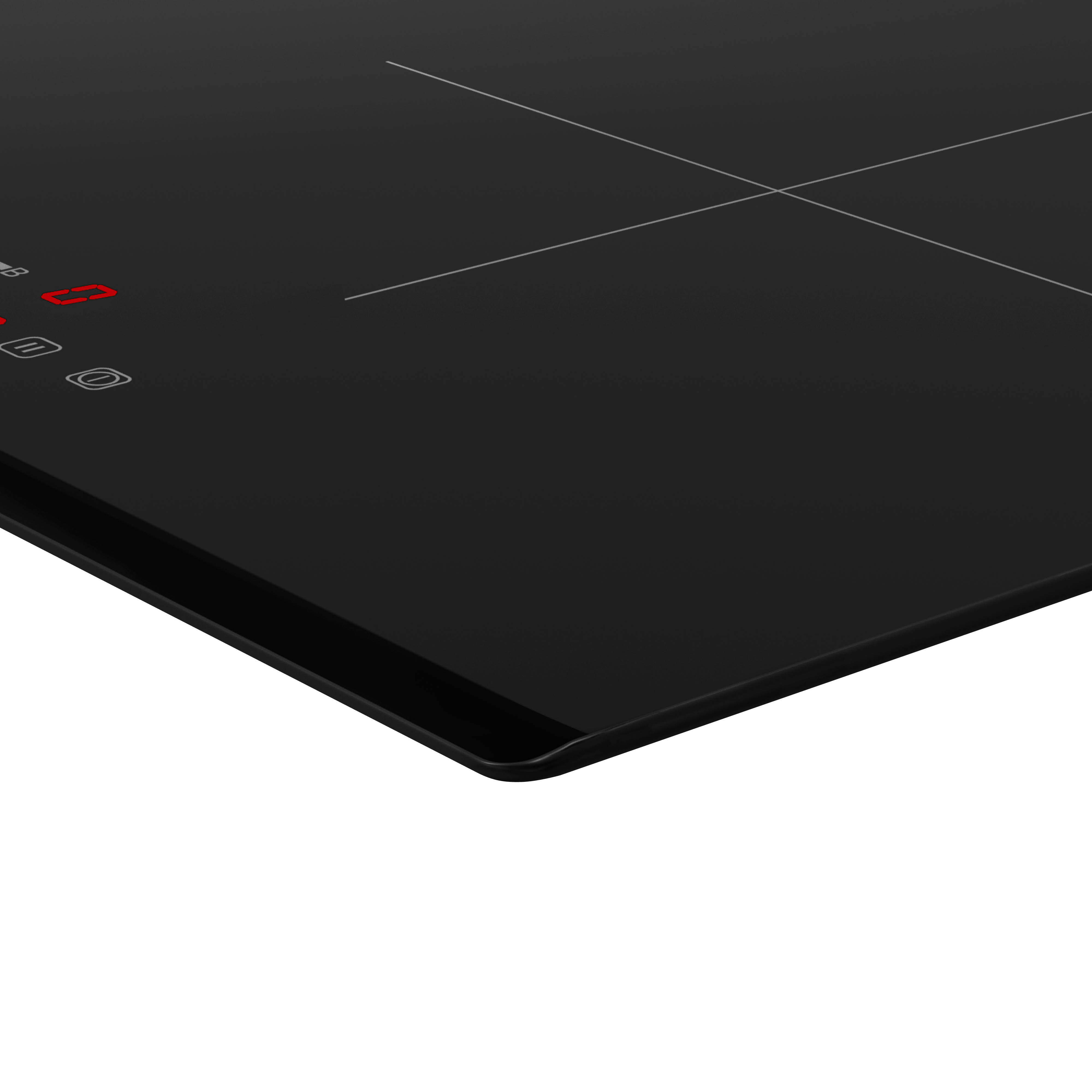 Close-up of a black induction cooktop with control panel and red display. White lines indicate cooking zones.
