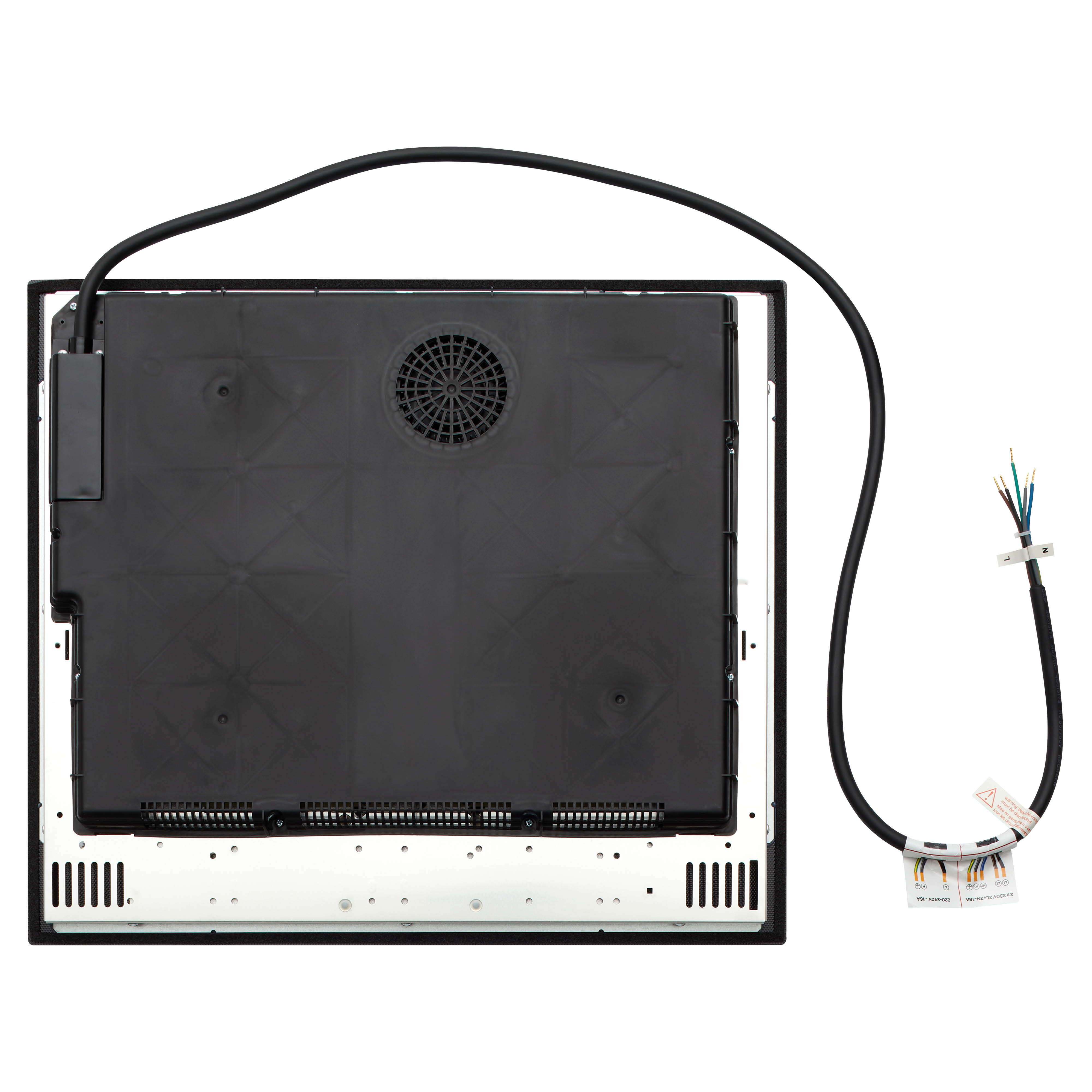 Underside of an induction cooktop. A black cable and wires extend from the cooktop. The cooktop is black, white, and silver.