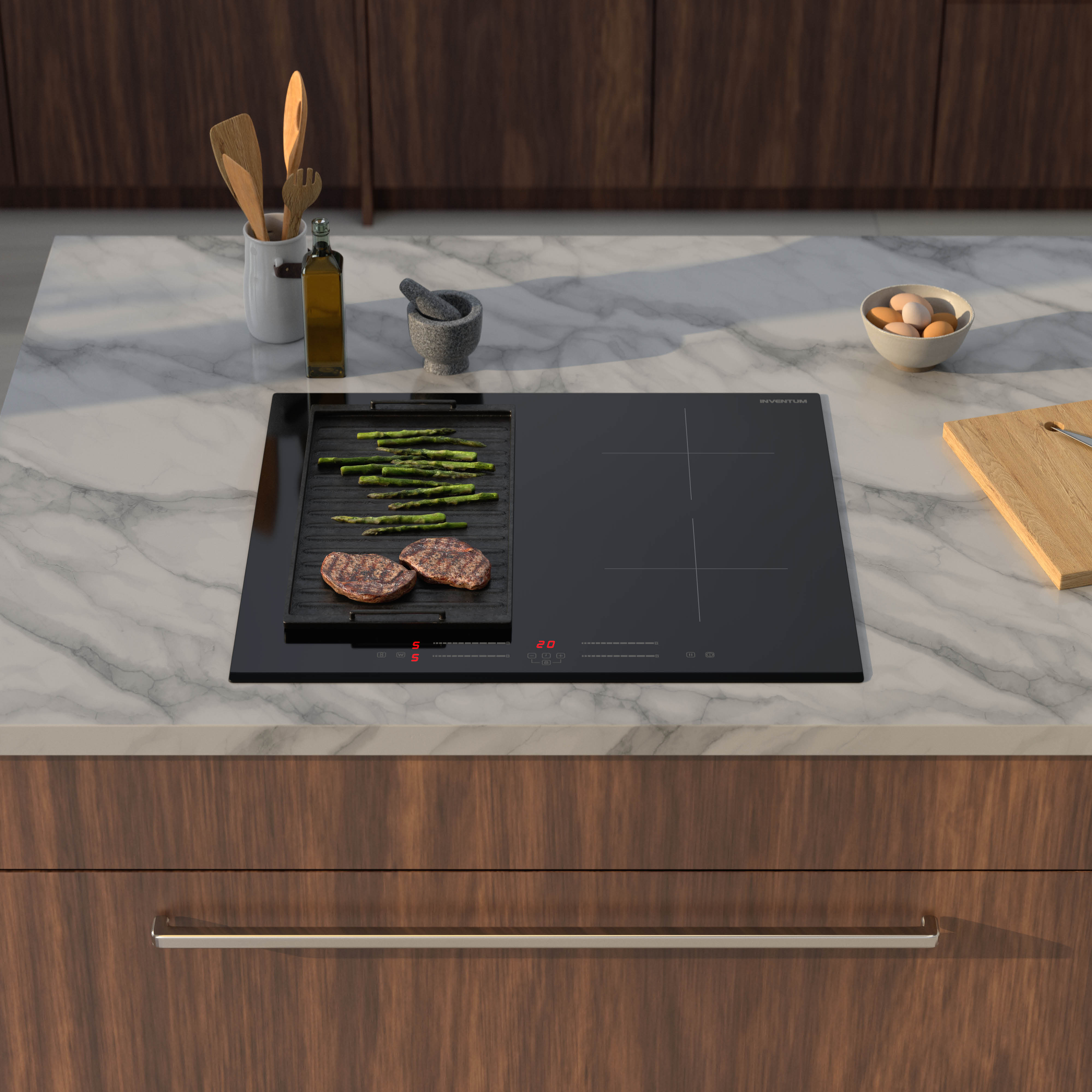 A kitchen counter with a cooktop, grilled food, and cooking utensils. Asparagus and steak are on the cooktop.