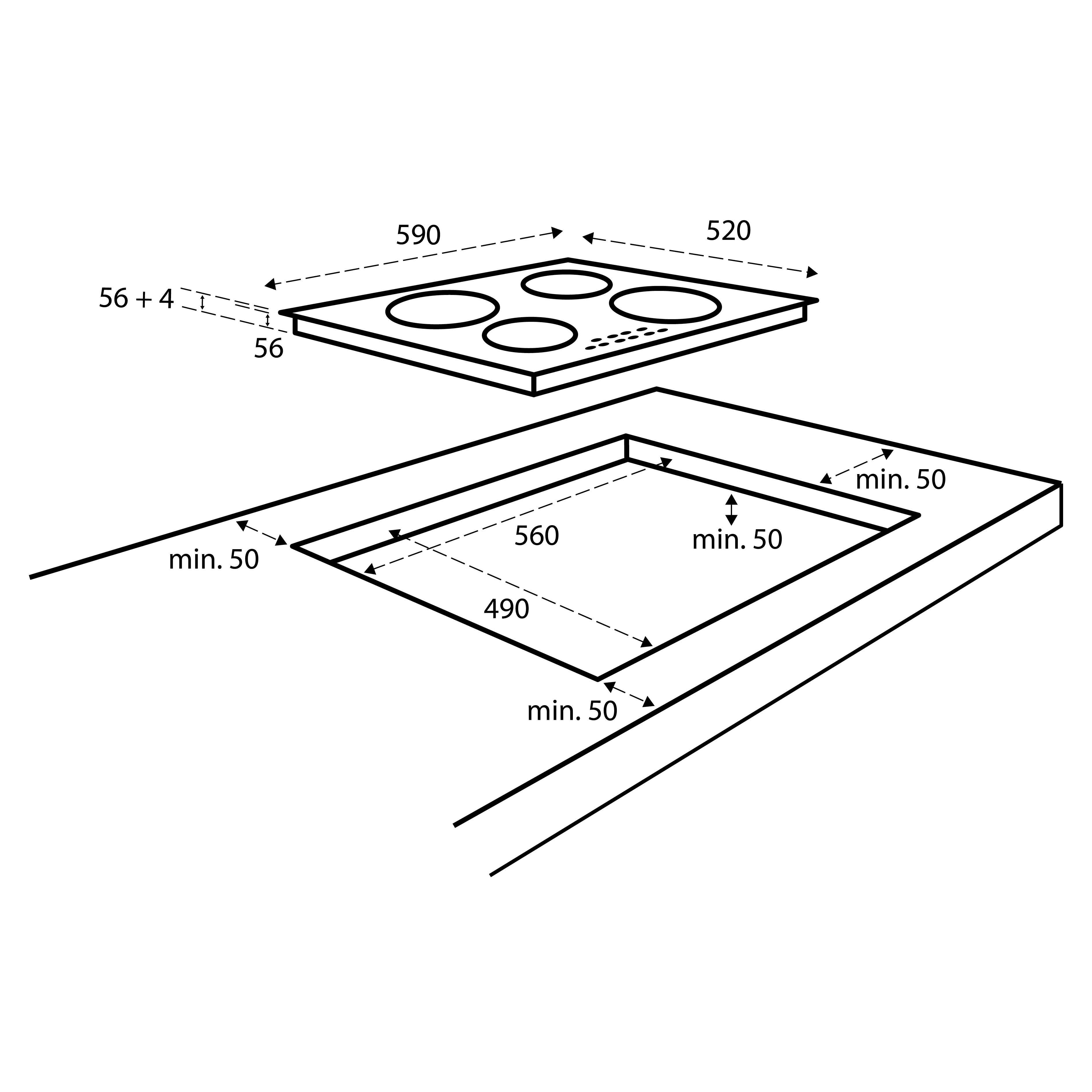 Diagram of a hob and its recess, with dimensions. The hob has four circles and a control panel. Dimensions are indicated.