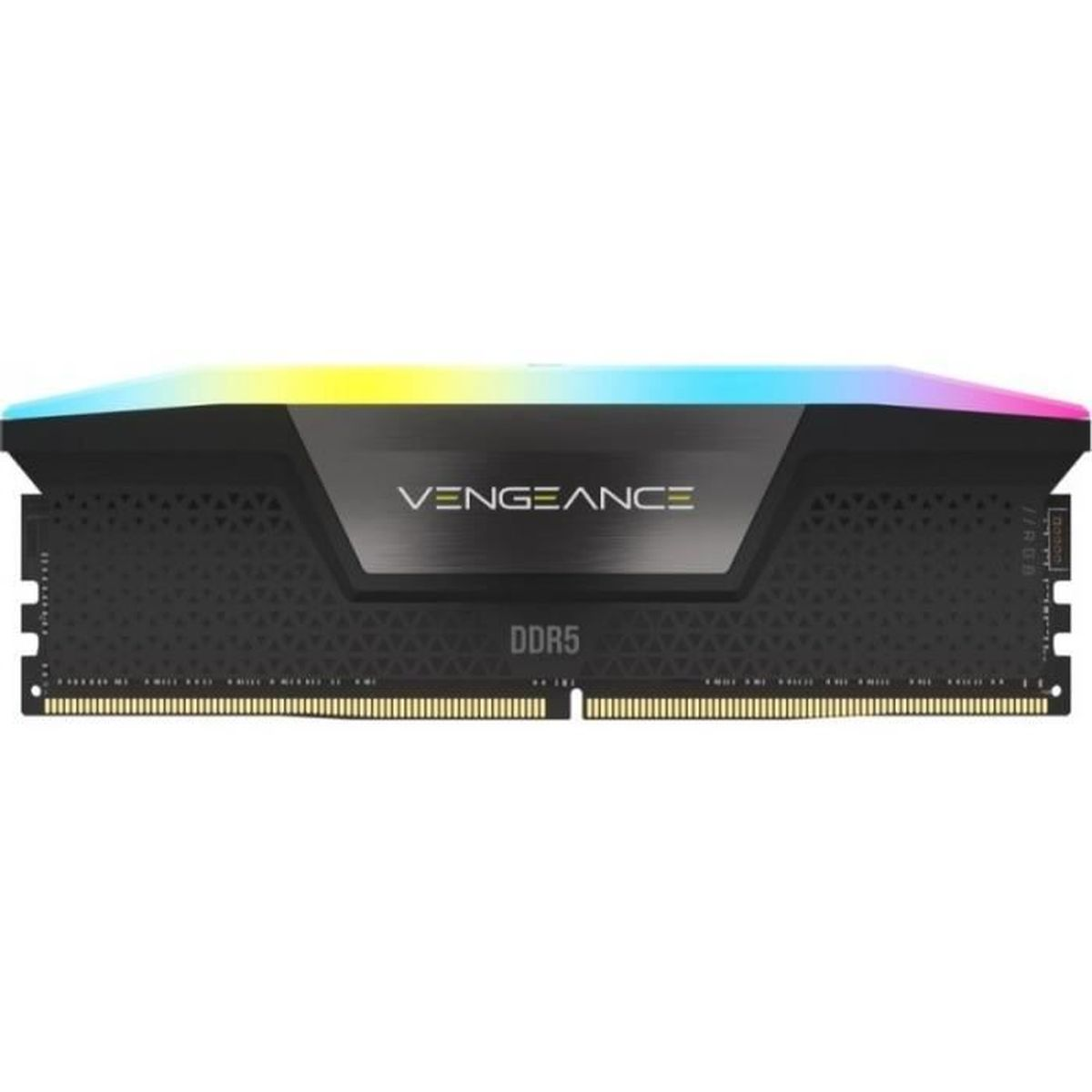 Moduł pamięci RAM DDR5 Vengeance z czarnym radiatorem i kolorowym górnym światłem. Widoczna marka i DDR5.