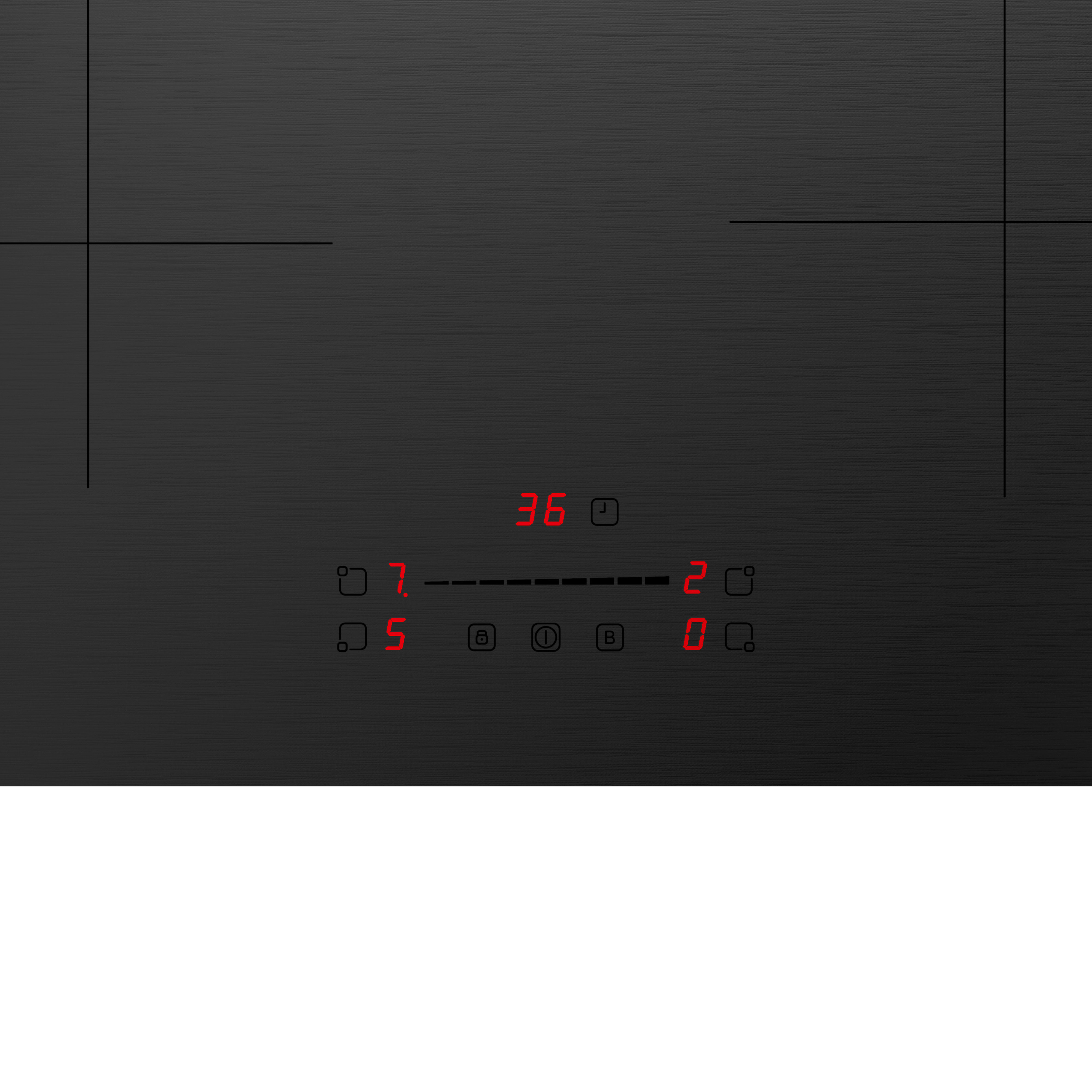 Zwarte inductiekookplaat met rode digitale display. Touchbediening met iconen.