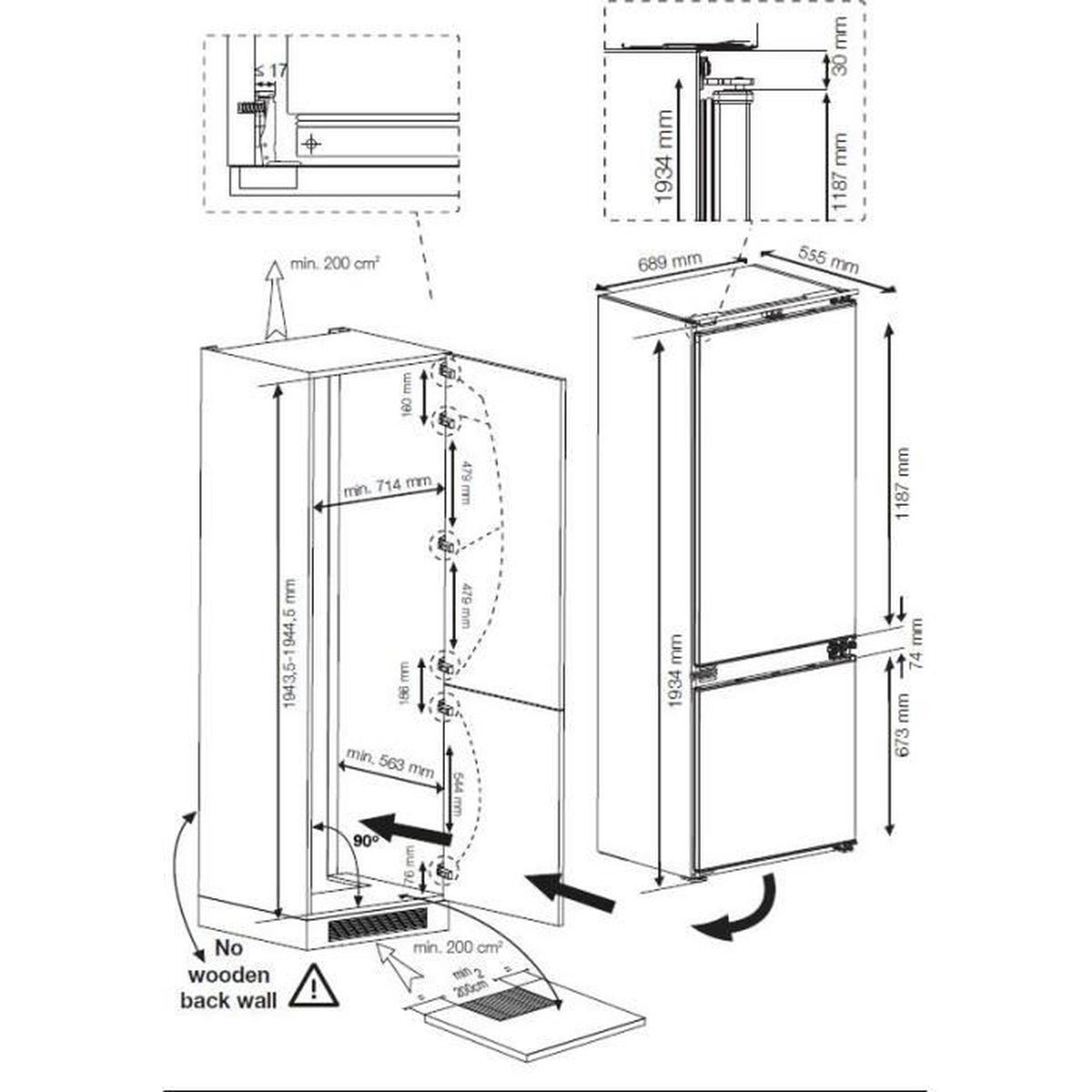 Diagrama de un refrigerador con dimensiones en milímetros. Detalles incluyen puerta, bisagras y requisitos de espacio mínimo.