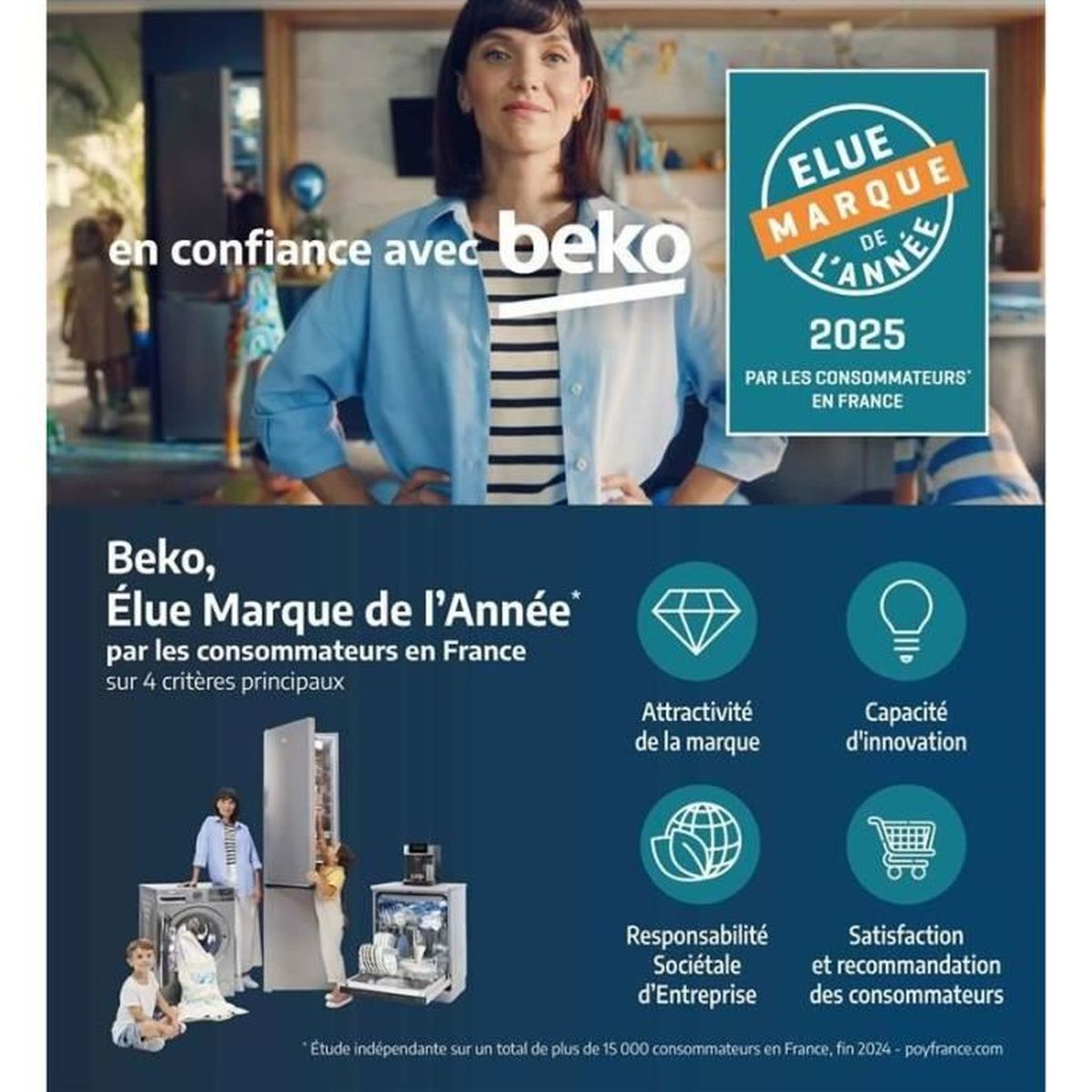 Mujer en camisa azul con logo Beko, premiada como 'Marca del Año 2025'. También visibles electrodomésticos e iconos con texto.