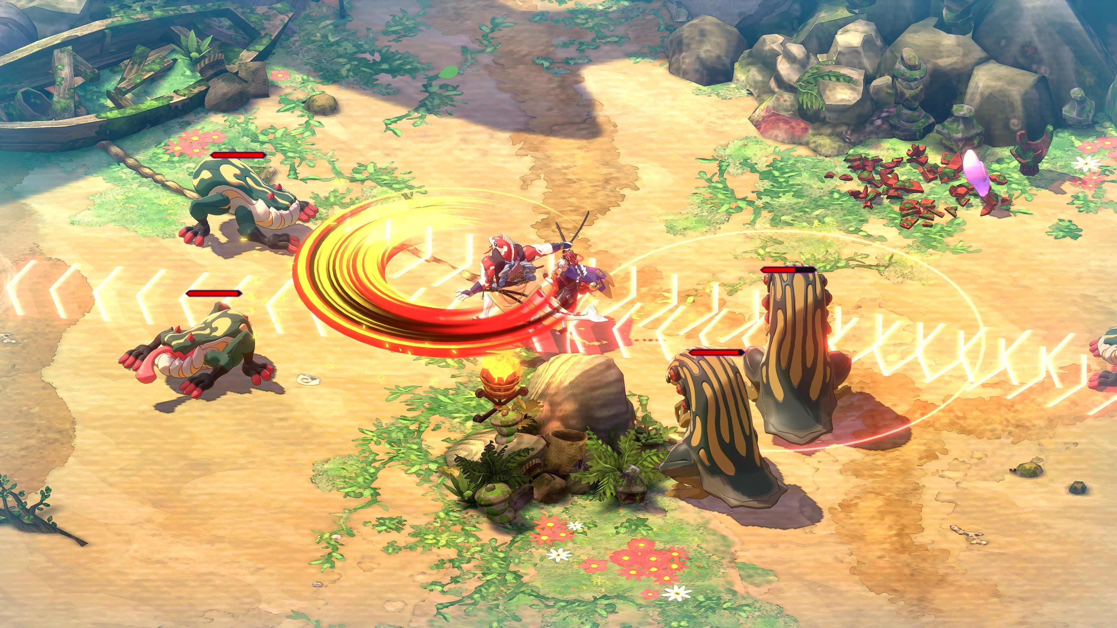 Widok izometryczny sceny z gry. Dwie postacie z mieczami walczą, otoczone przez stworzenia przypominające żaby i elementy środowiska.