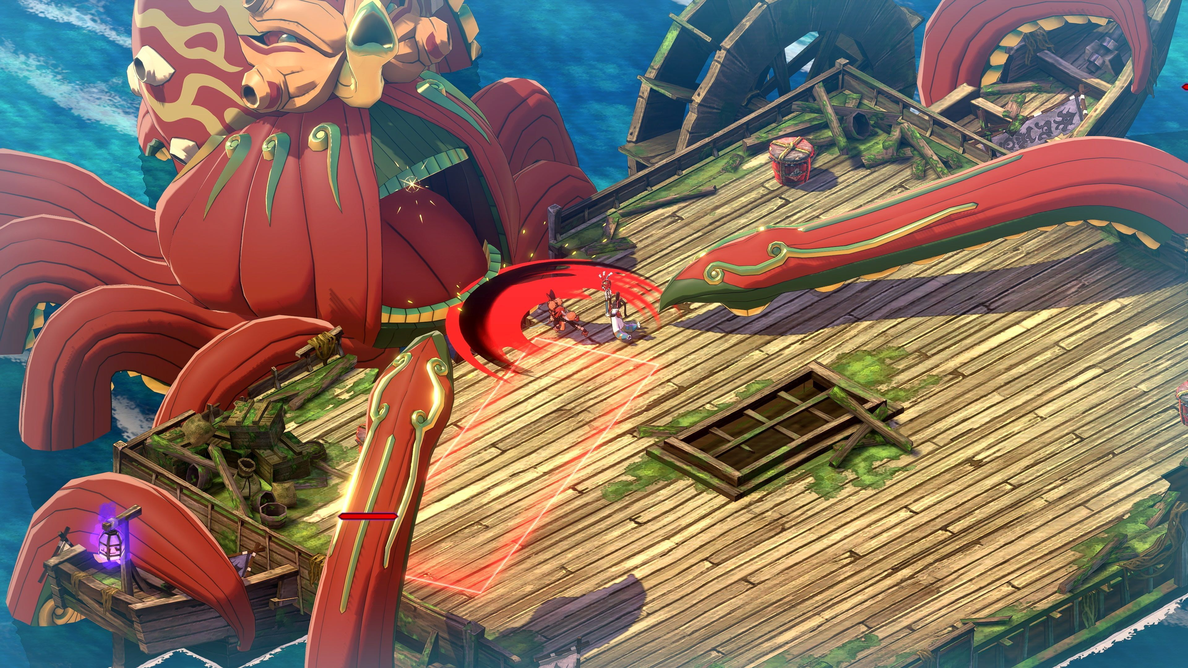 Gigantyczne czerwone stworzenie z mackami atakuje drewniany statek. Dwie postacie walczą na pokładzie. W tle widać morze i niebo.