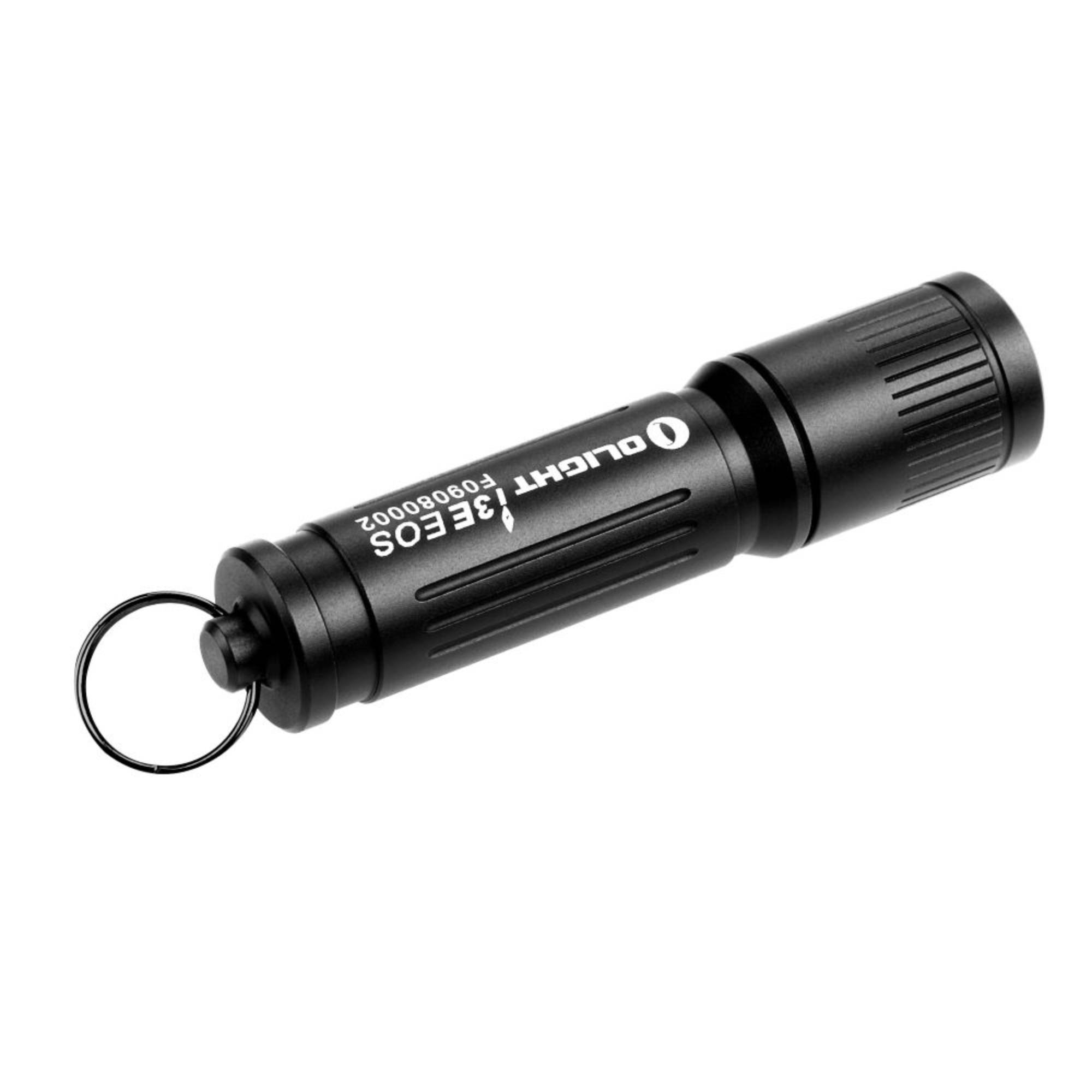 Torcia nera su sfondo bianco. Ha un portachiavi e il marchio Olight.