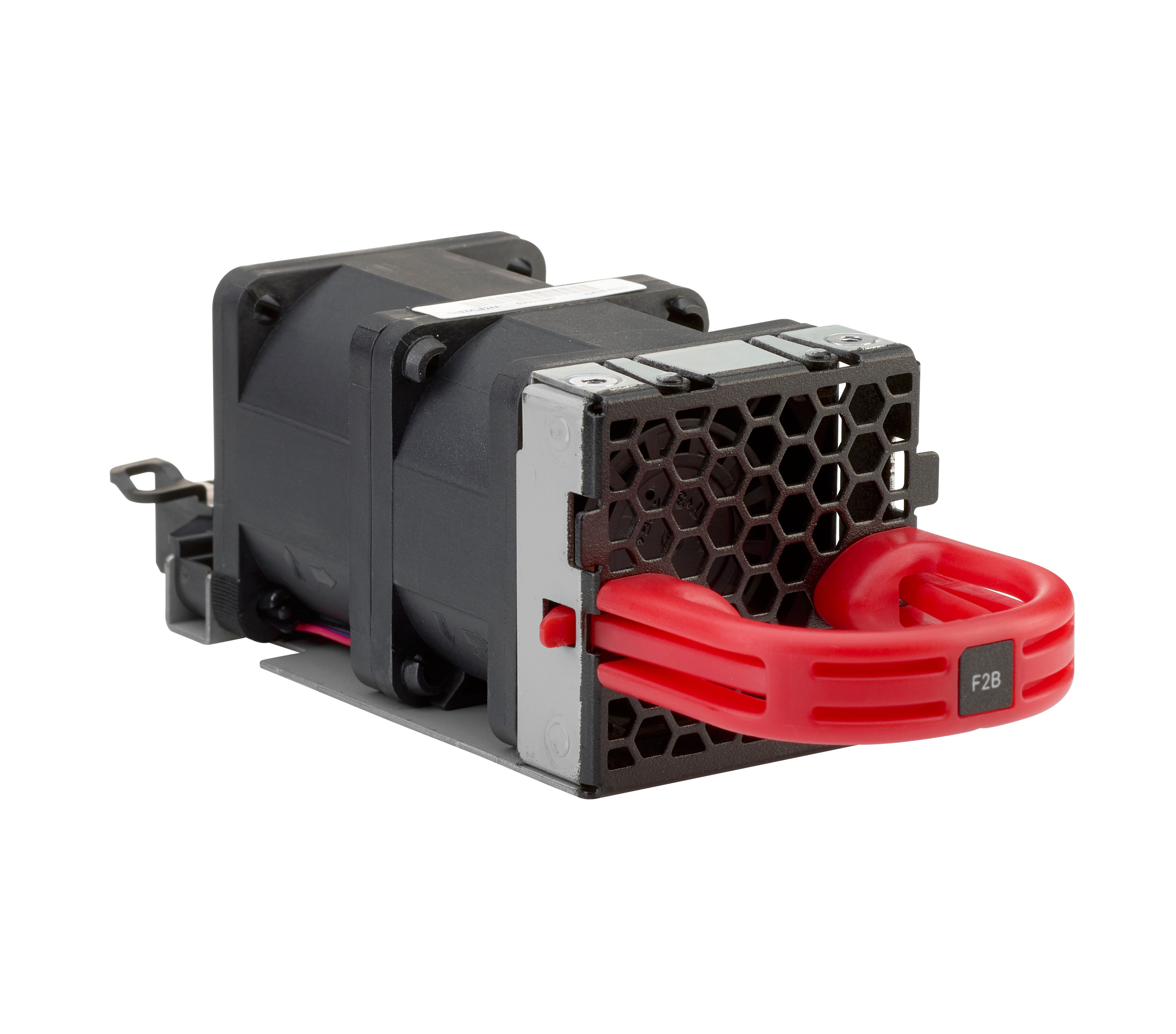 Wentylator komputerowy z czarnym korpusem i czerwonym uchwytem na białym tle. Posiada kratkę o strukturze plastra miodu.