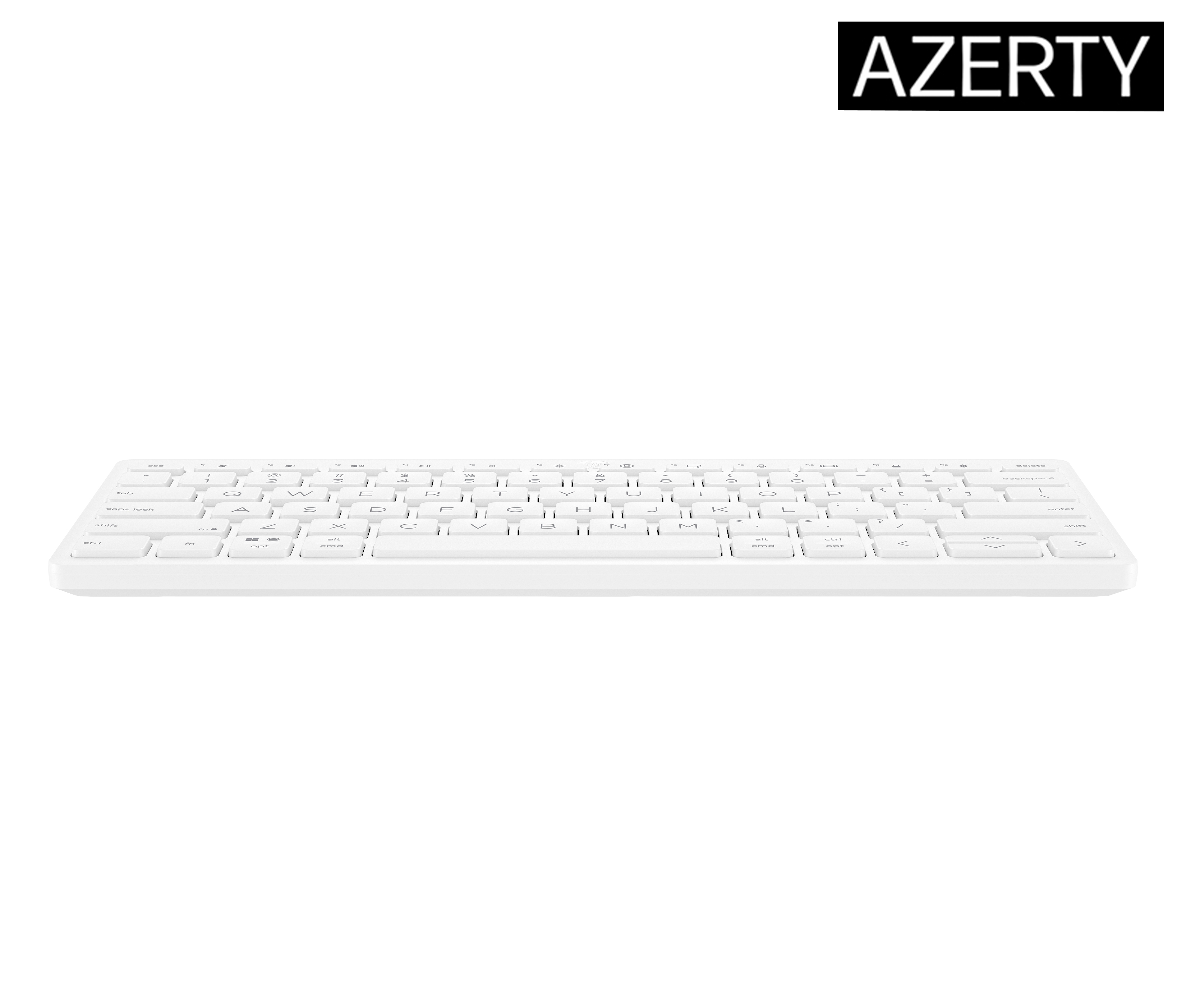 Una tastiera bianca con lettere nere. La parola AZERTY è in alto. I tasti includono lettere, numeri e simboli.