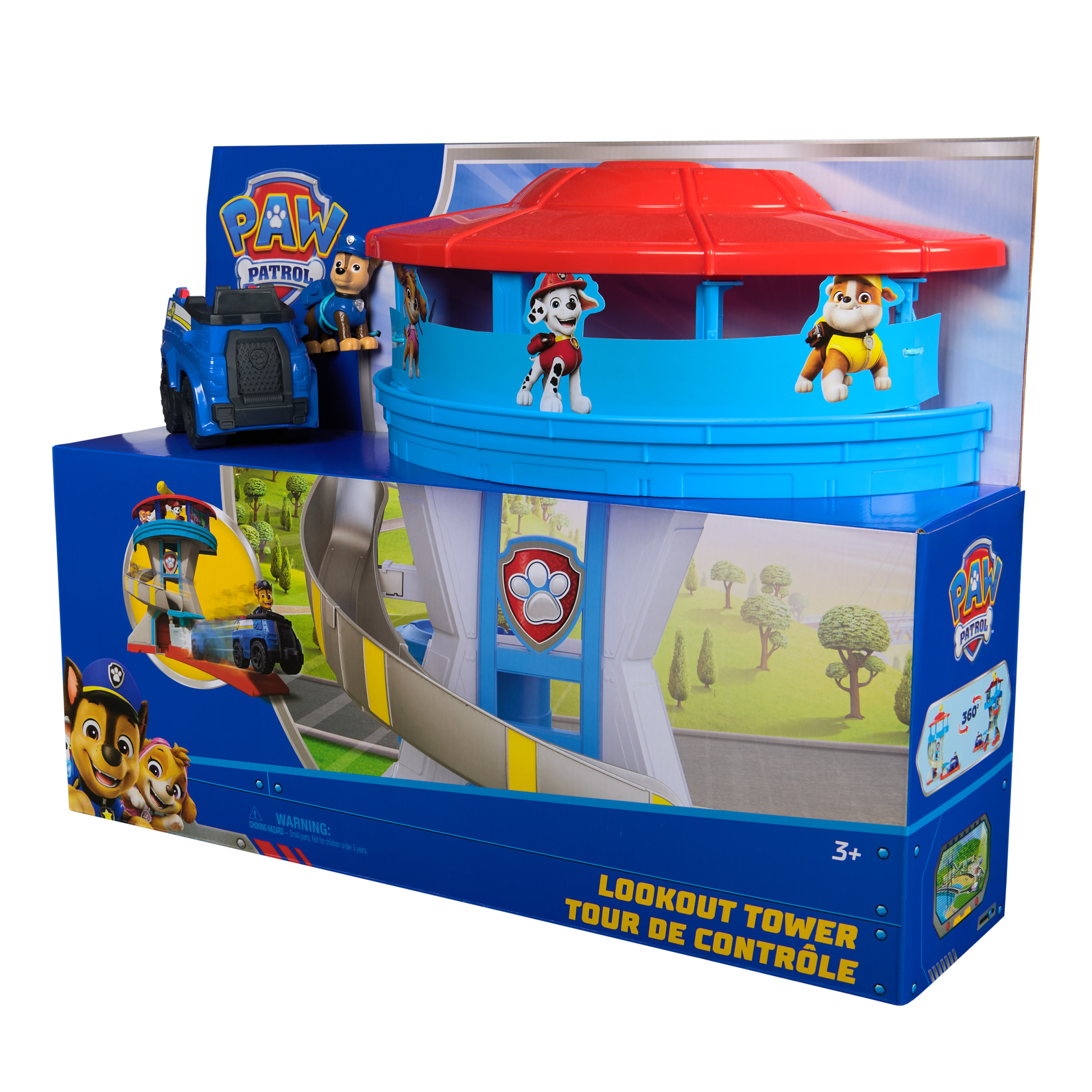 Zestaw zabawek Paw Patrol Lookout Tower. Zawiera wieżę zabawkową, zabawki samochodowe i figurki postaci, wszystko na niebiesko-czerwonym pudełku.