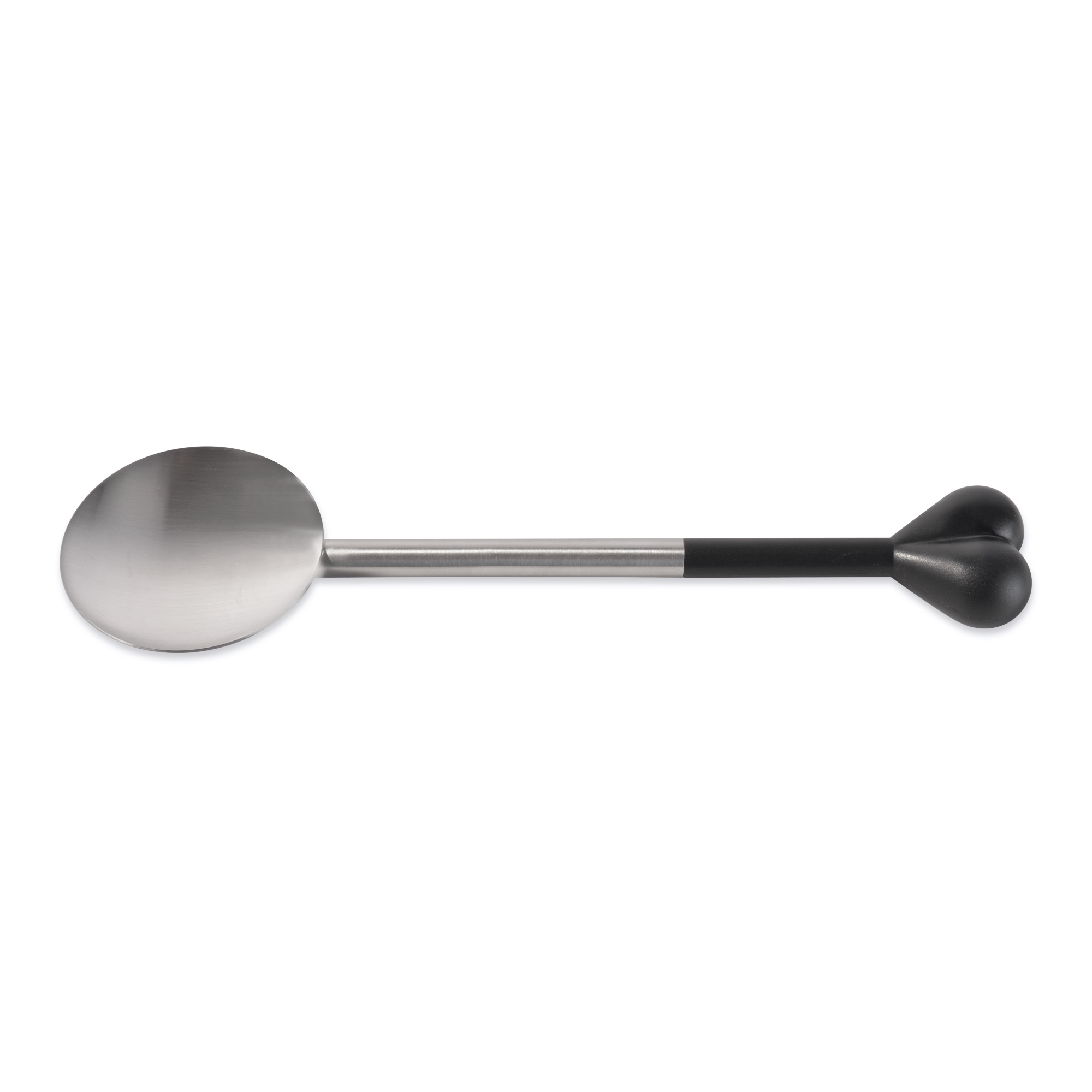 A spoon with a round head and heart-shaped handle. The head is silver, the handle is silver and black.